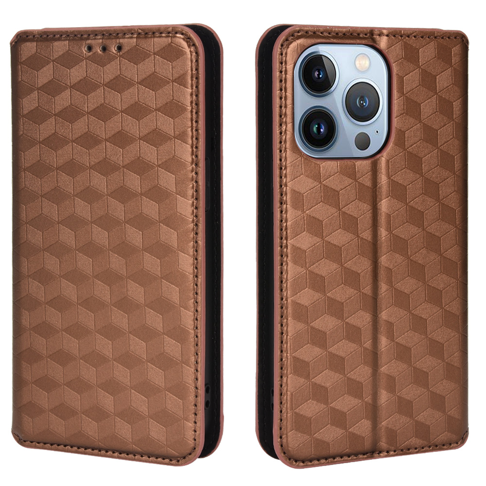 

Кожа PU + TPU Stand Covere Cover 3d Rhombus Imprinted Auto Закрытие Магнитное Телефон Для Iphone 13 Pro Max 6,7 Дюйма - Коричневый, iPhone 13 Pro Max