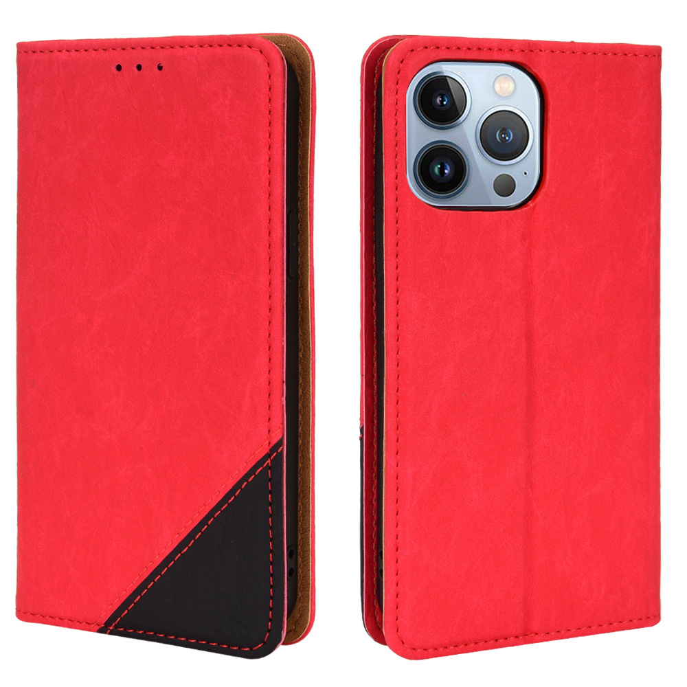 

Stand Function Triangle Color Splicing PU Leather Auto-absorbed Magnet Flip Wallet Phone Case for iPhone 13 Pro 6.1 inch - Red, iPhone 13 Pro