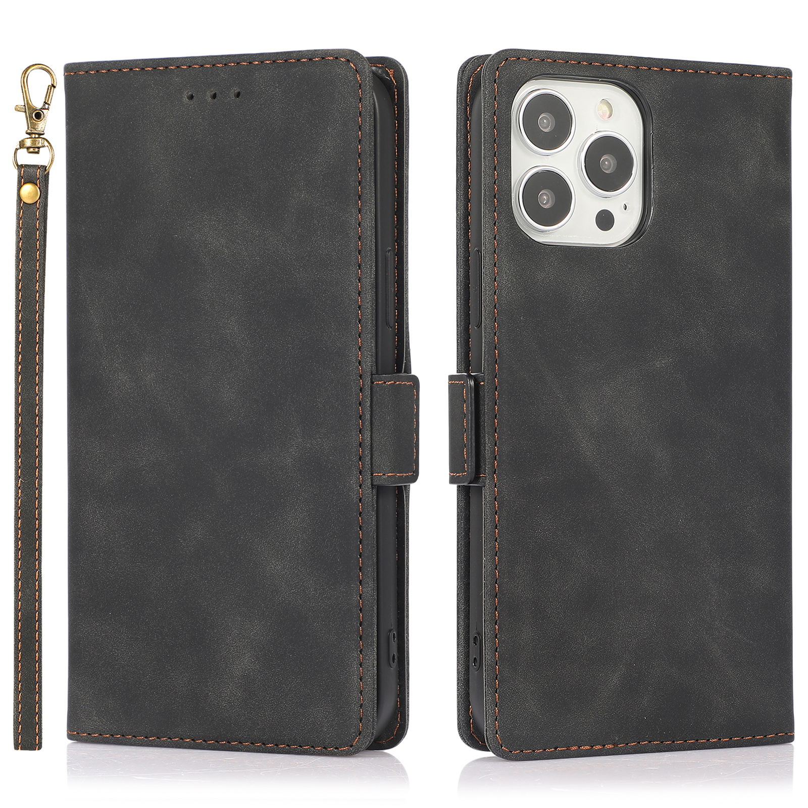 

PU Leather Attached Shockproof TPU Case Stand Magnetic Flip Wallet Phone Cover with Strap for iPhone 13 Pro Max 6.7 inch - Black, iPhone 13 Pro Max