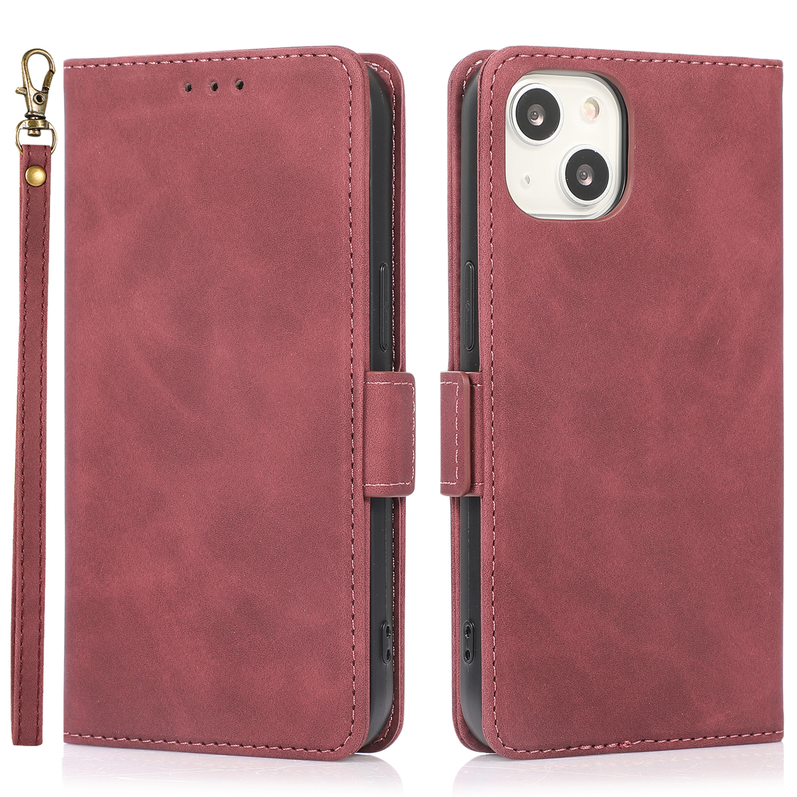 

Кожа Кожа Folio Flip Flip Case Stand Stand Magnetic Закрытие Ударной Крышки Телефона с Ремешком Для Iphone 13 6,1 Дюйма - Красный, iPhone 13