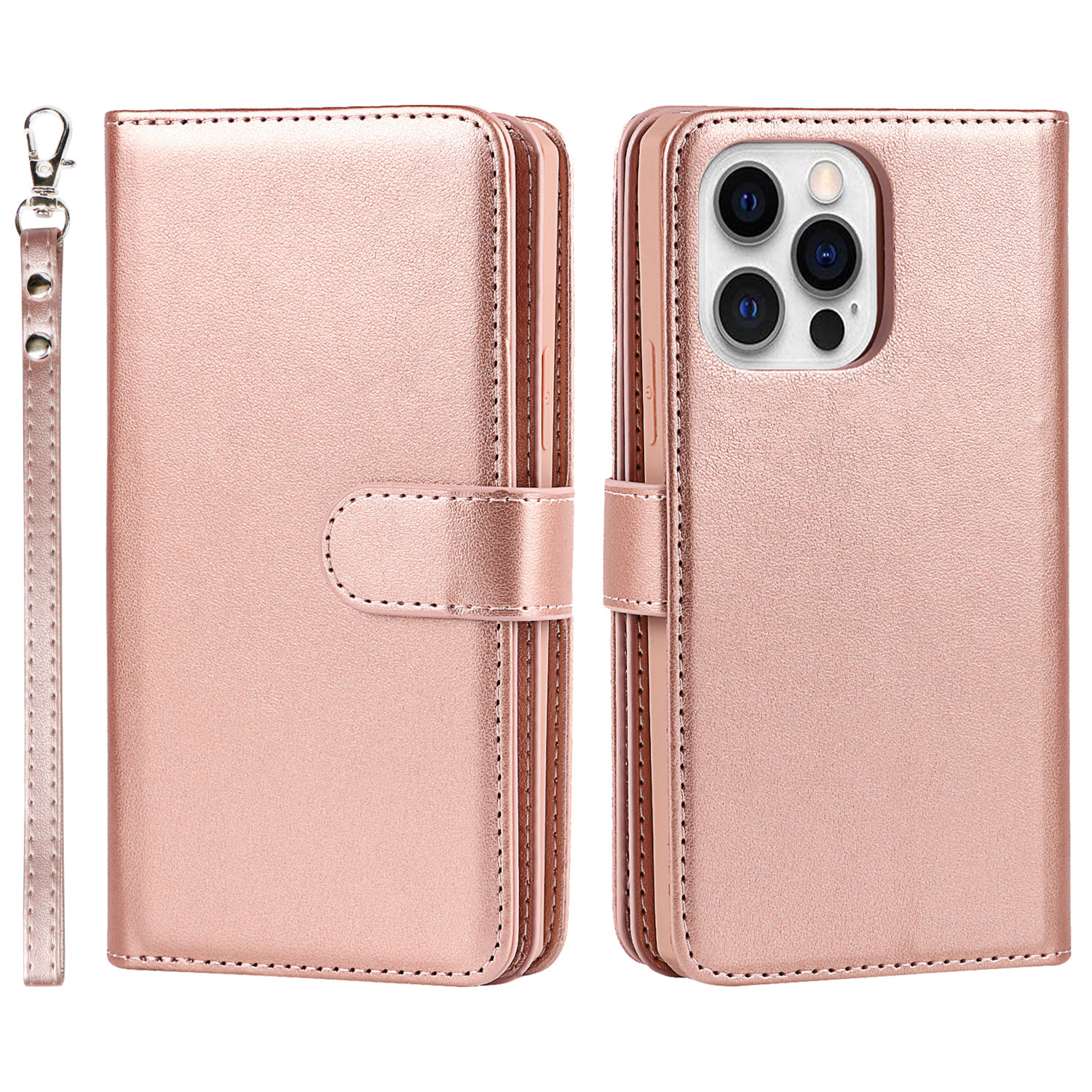 

Detachable Design PU Leather Wallet Stand Drop Resistant Phone Case Shell with Wrist Strap for iPhone 13 Pro Max 6.7 inch - Rose Gold, iPhone 13 Pro Max