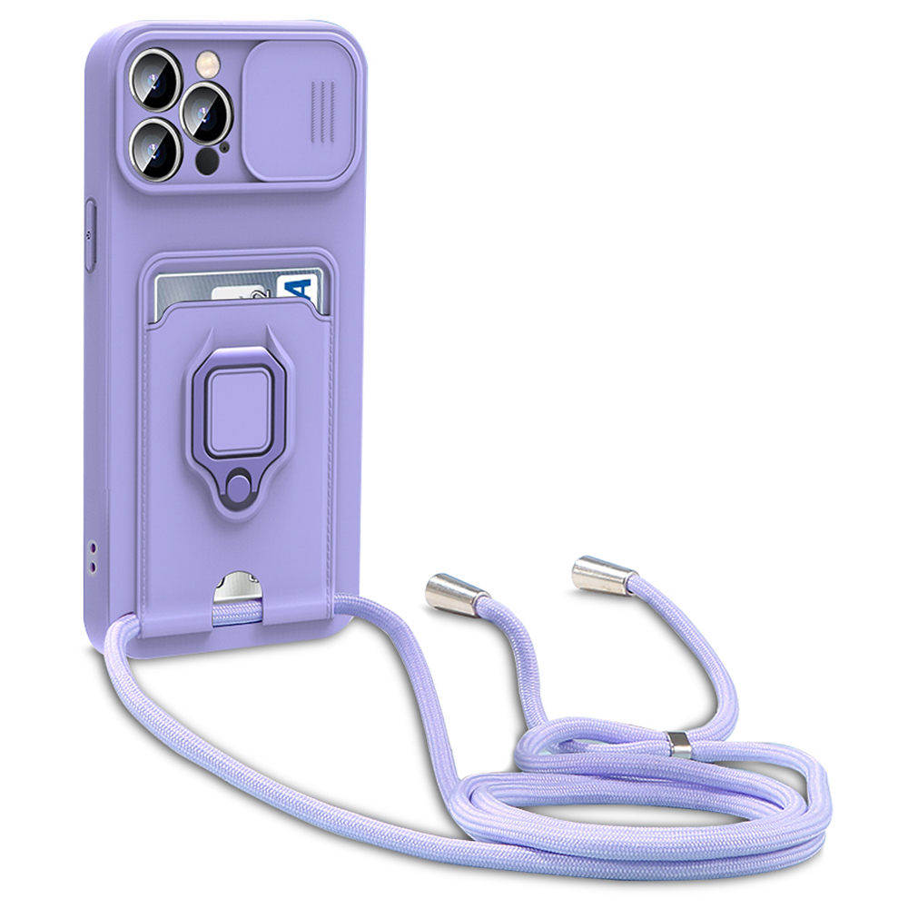 

Camera Protection Card Holder Slot Kickstand Soft TPU Slim Fit Anti-fall Cell Phone Shell with Lanyard for iPhone 13 Pro 6.1 inch - Purple, iPhone 13 Pro