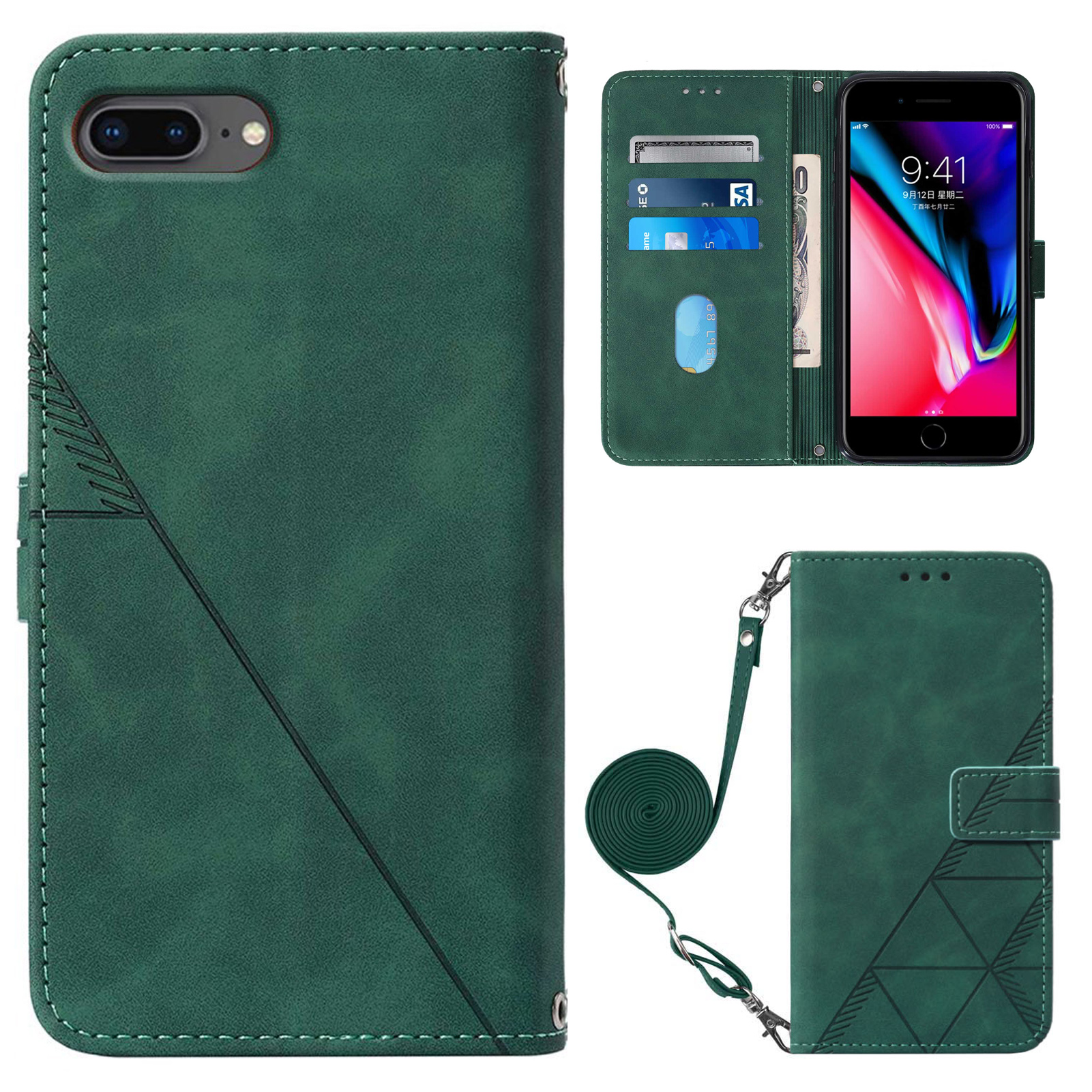 

PB2-1 Series Imprinting Lines PU Leather + TPU Phone Case Stand Wallet Cover with Shoulder Strap for iPhone 6 Plus / 7 Plus / 8 Plus - Blackish Green, iPhone 6 Plus 5.5 inch