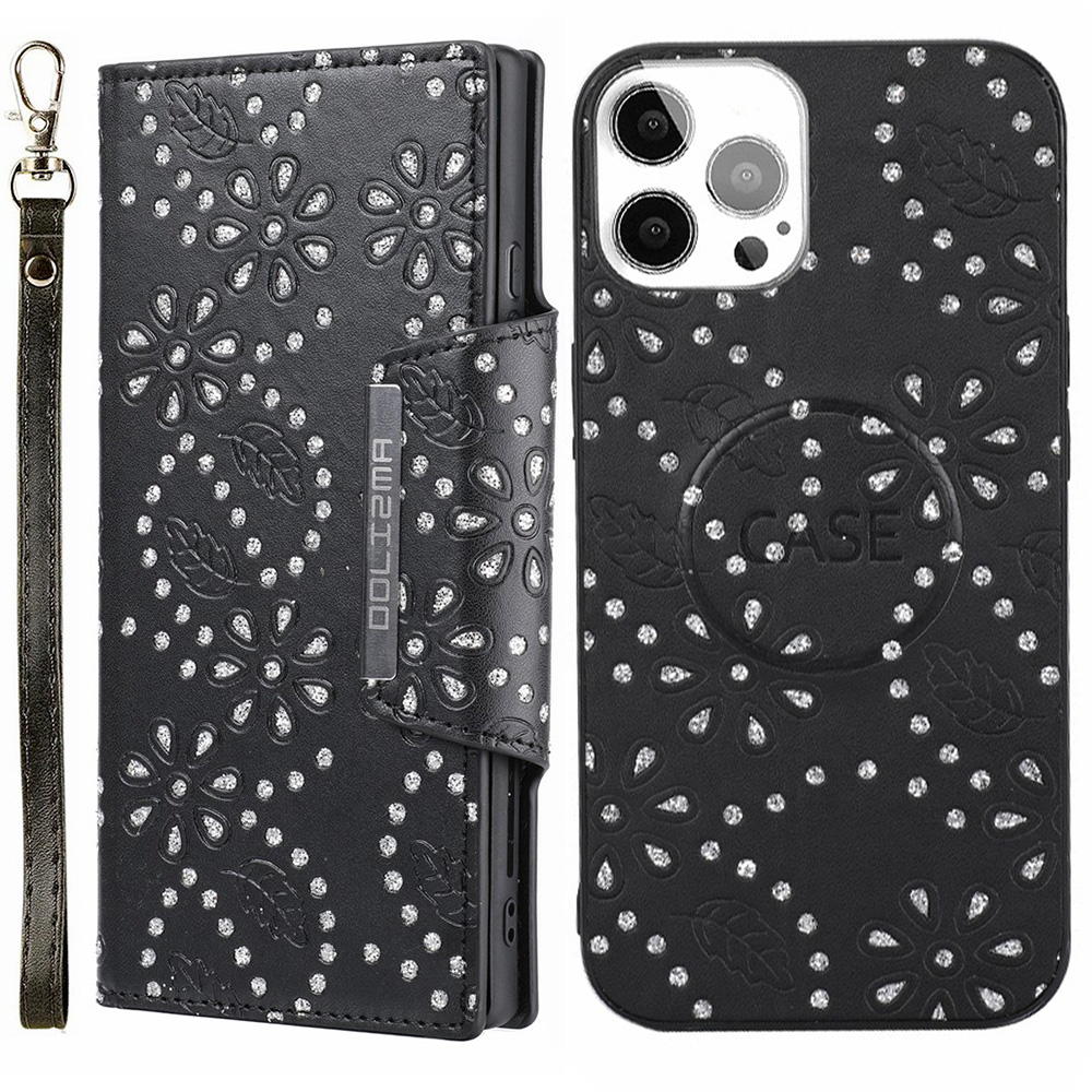 

For iPhone 12 Pro Max 6.7 inch Leaf Imprint Glitter Flower Magnetic Clasp Phone Case Ultra-thin Detachable PU Leather Wallet Cover - Black, iPhone 12 Pro Max