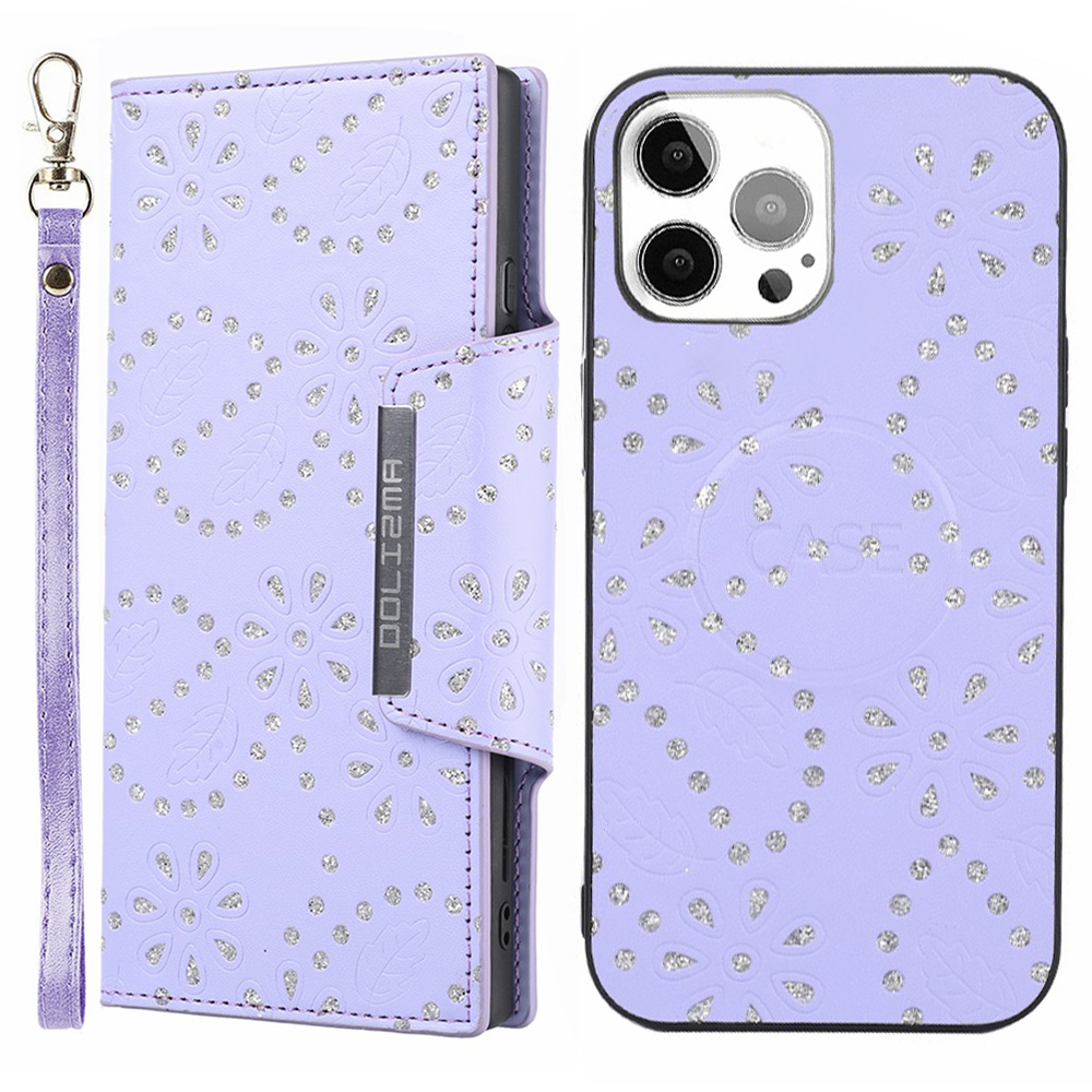 

For iPhone 13 Pro Max 6.7 inch Leaf Imprint Glitter Flower Ultra-thin Well-protected Phone Case Detachable PU Leather Wallet Cover - Purple, iPhone 13 Pro Max
