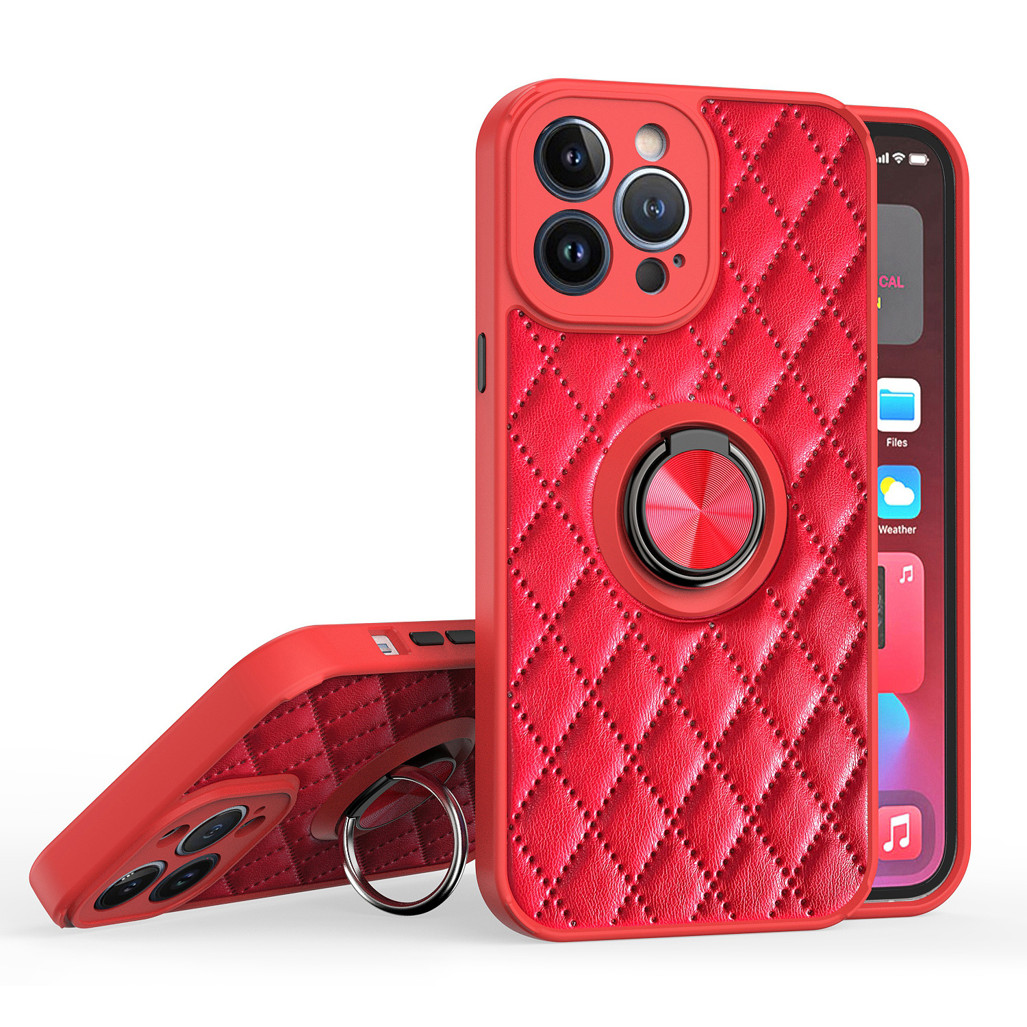

For iPhone 12 Pro Max 6.7 inch Metal Kickstand Rhombus Pattern PU Leather Coated TPU Phone Case Cover - Red, iPhone 12 Pro Max