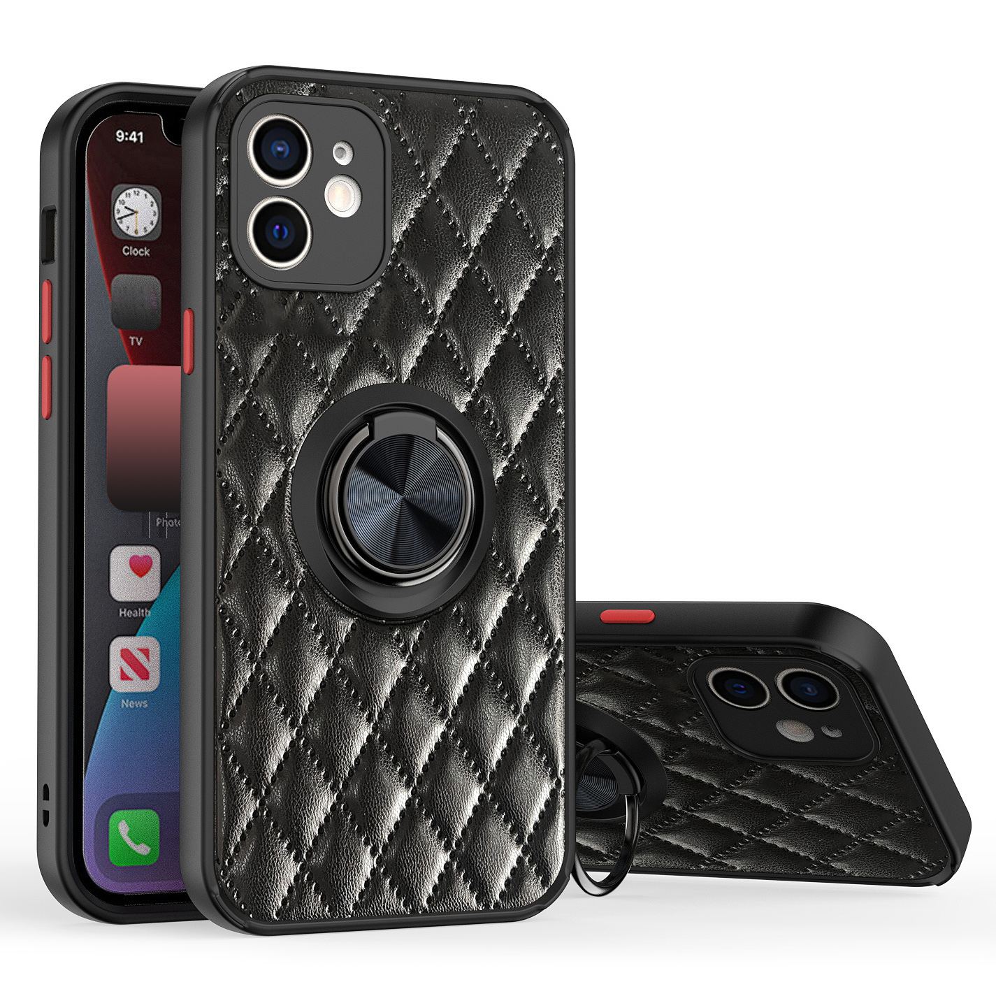 

For iPhone 12 6.1 inch Rhombus Pattern Precise Cutout PU Leather Coated TPU Case Rotary Ring Kickstand Cover - Black, iPhone 12