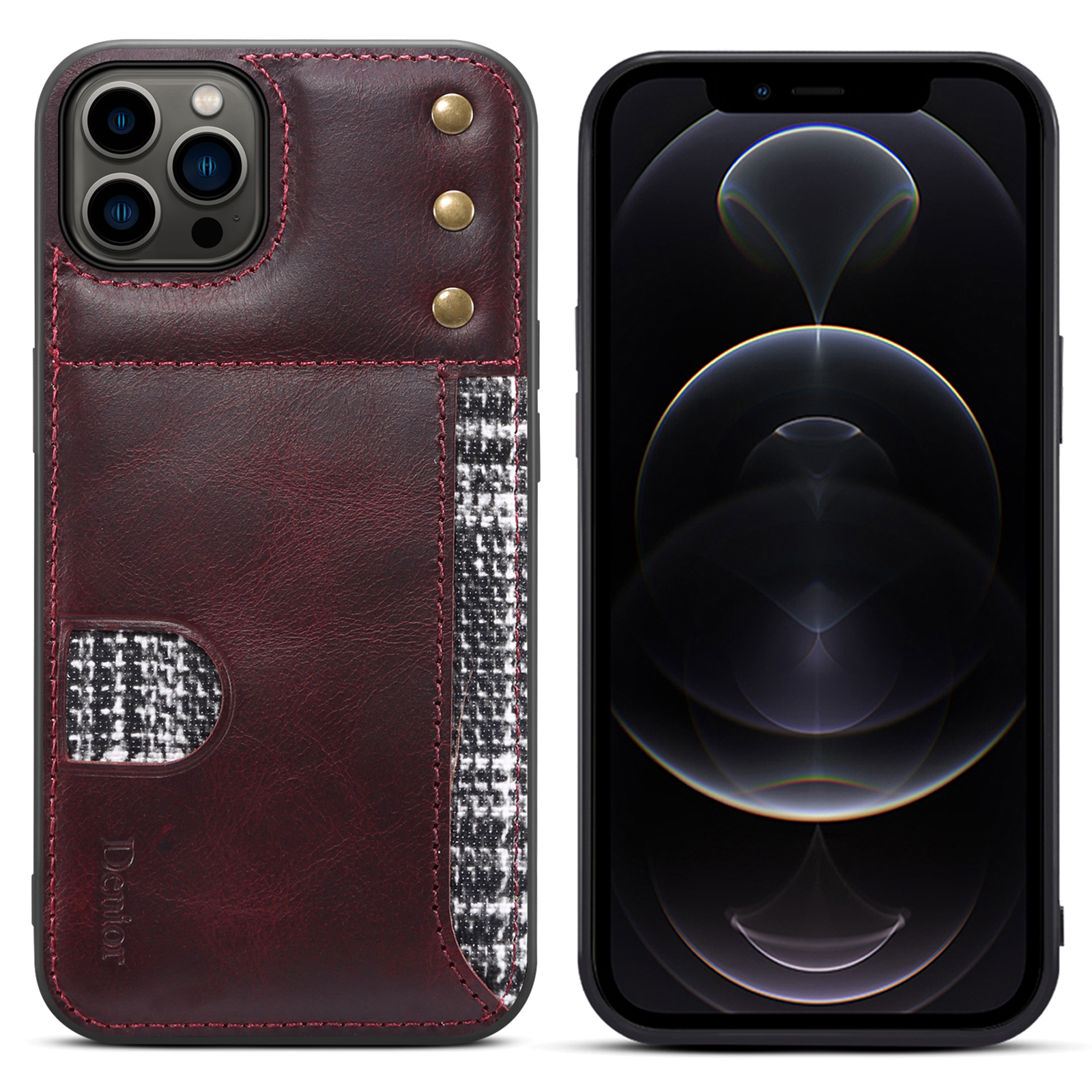 

Дниор Для IPhone 13 Pro Max 6,7 Дюйма Держатель Задней Карты Waxsy Натуральное Кожаное Покрытие Anti-Drop Soft TPU Case - Красный, iPhone 13 Pro Max
