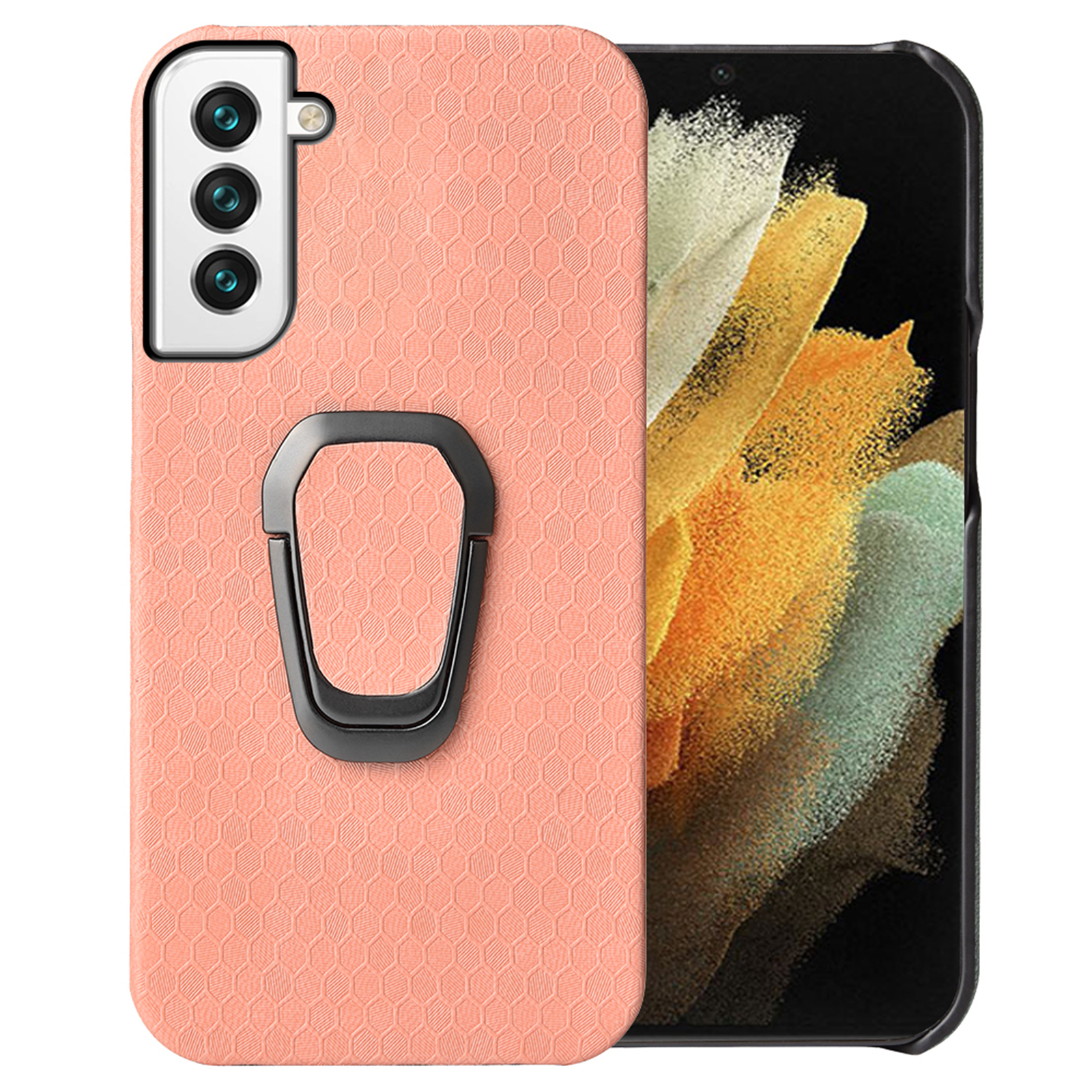 

For Samsung Galaxy S22 5G Honeycomb Pattern PU Leather Coated Hard PC Anti-Scratch Protective Shell with Ring Kickstand - Pink, Galaxy S22 5G