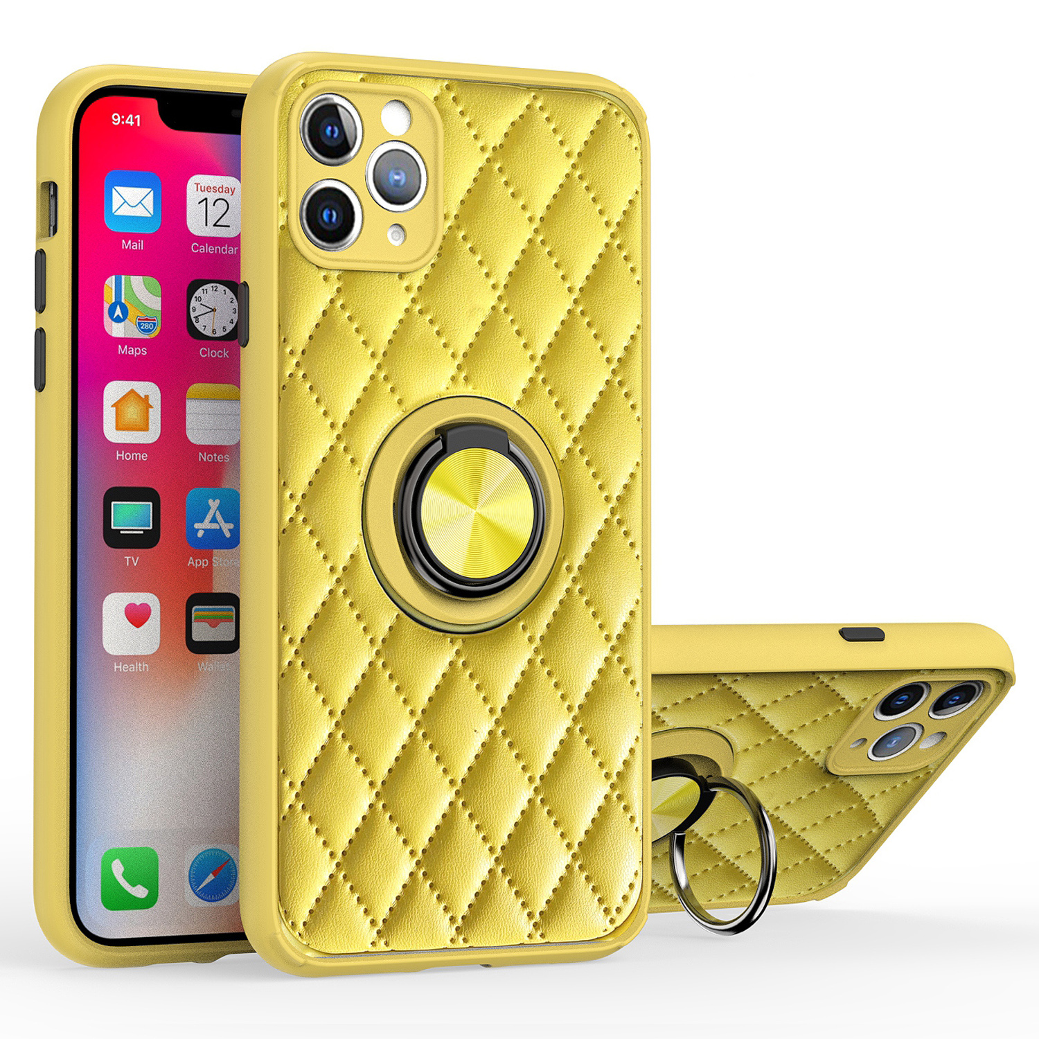 

For iPhone 11 Pro Max 6.5 inch Precise Cut-Out Design Grid Leather Coated Cell Phone Case with Kickstand - Yellow, iPhone 11 Pro Max 6.5 inch