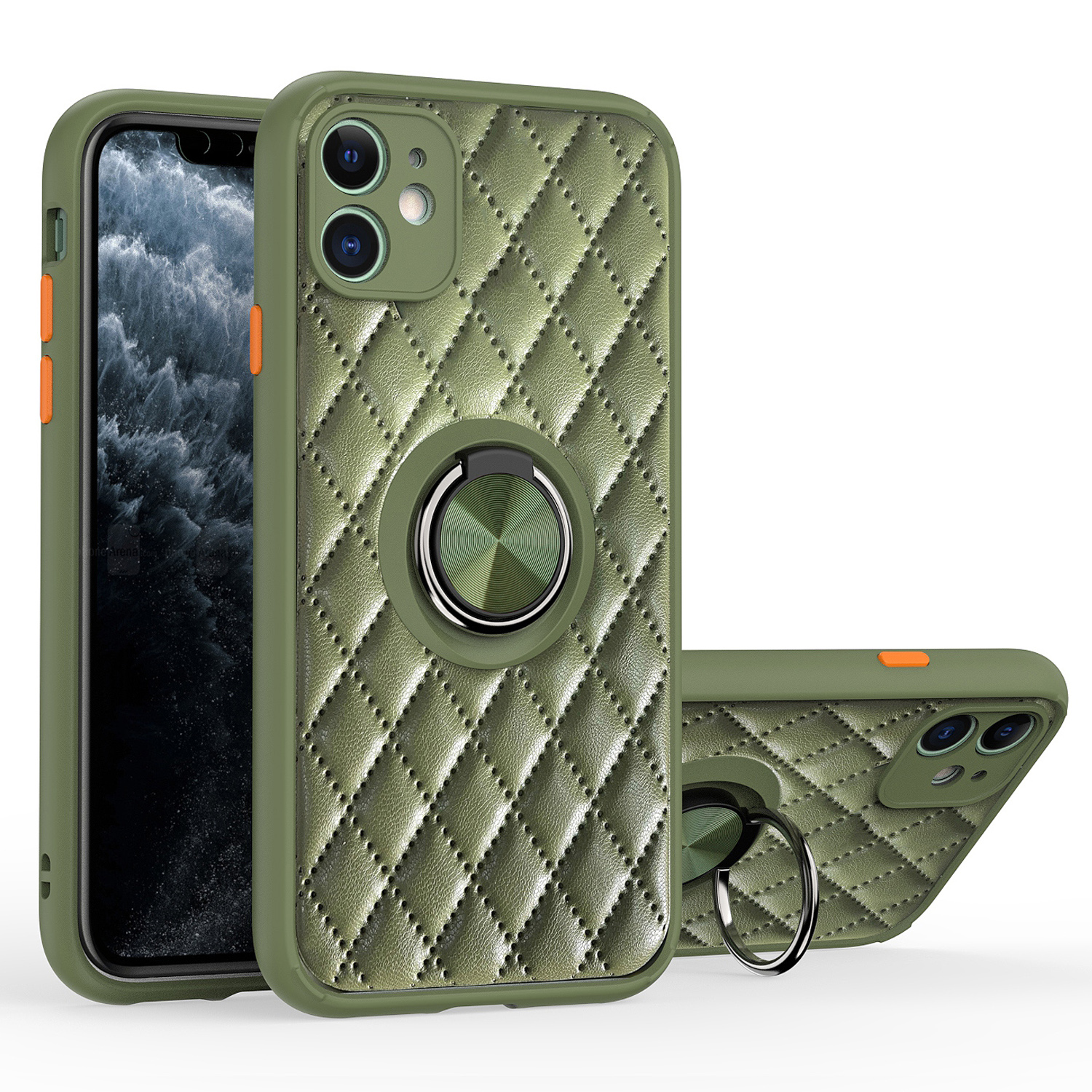 

For iPhone 11 6.1 inch TPU Frame Bumper Grid Leather Coated Cell Phone Case with Kickstand Precise Cut-Out Design - Army Green, iPhone 11 6.1 inch