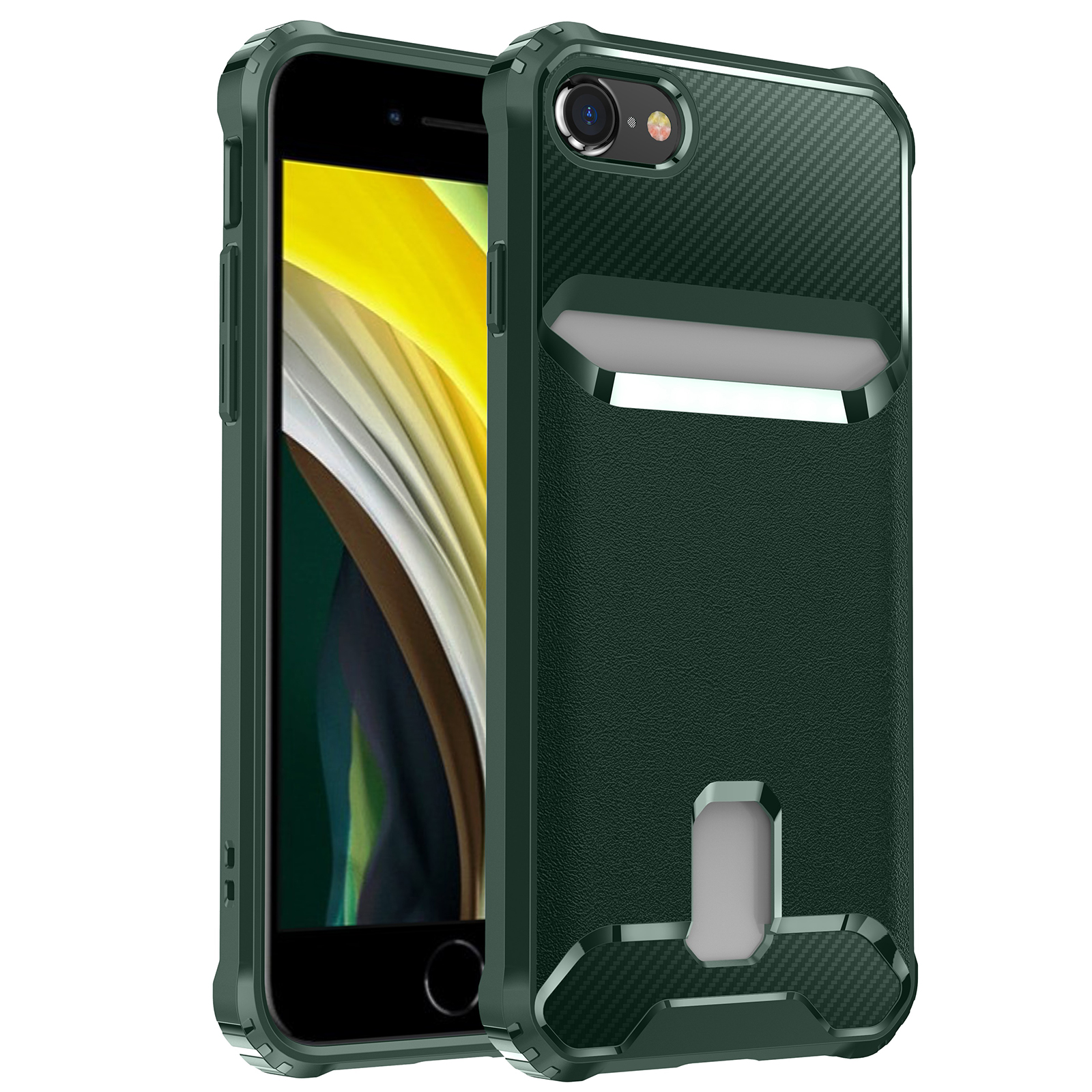 

For iPhone SE (2022)/SE (2020)/8/7 Card Slot Design Anti-fall Soft TPU Carbon Fiber Textured Cell Phone Case Cover - Green, iPhone SE (2022)