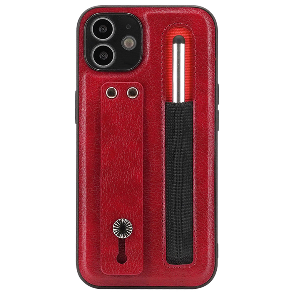 

007 Series for iPhone 11 6.1 inch PU Leather Coated TPU Adjustable Hand Strap Kickstand Phone Case Cover with Stylus - Red, iPhone 11 6.1 inch