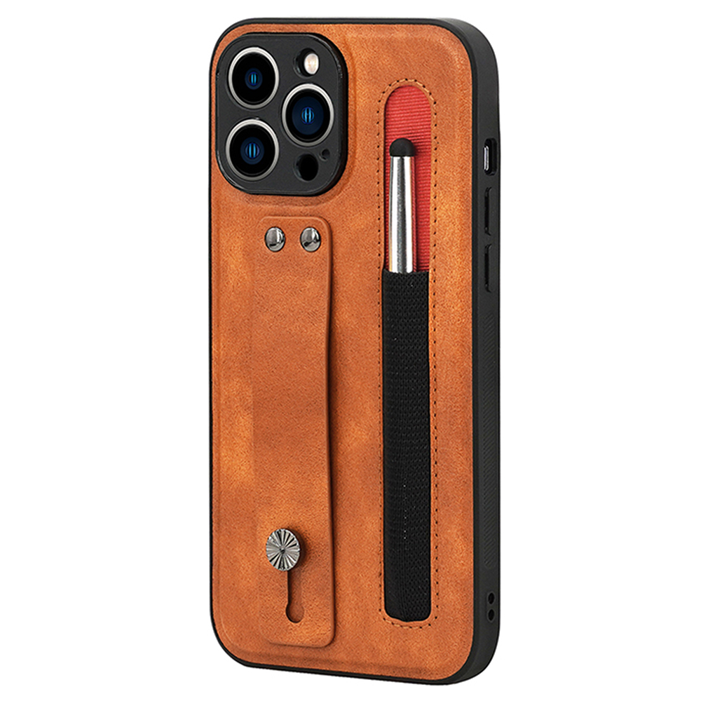 

007 Series Phone Case with Stylus Pen for iPhone 13 Pro Max 6.7 inch, PU Leather Coated TPU Hand Strap Kickstand Non-Slip Protective Cover - Brown, iPhone 13 Pro Max