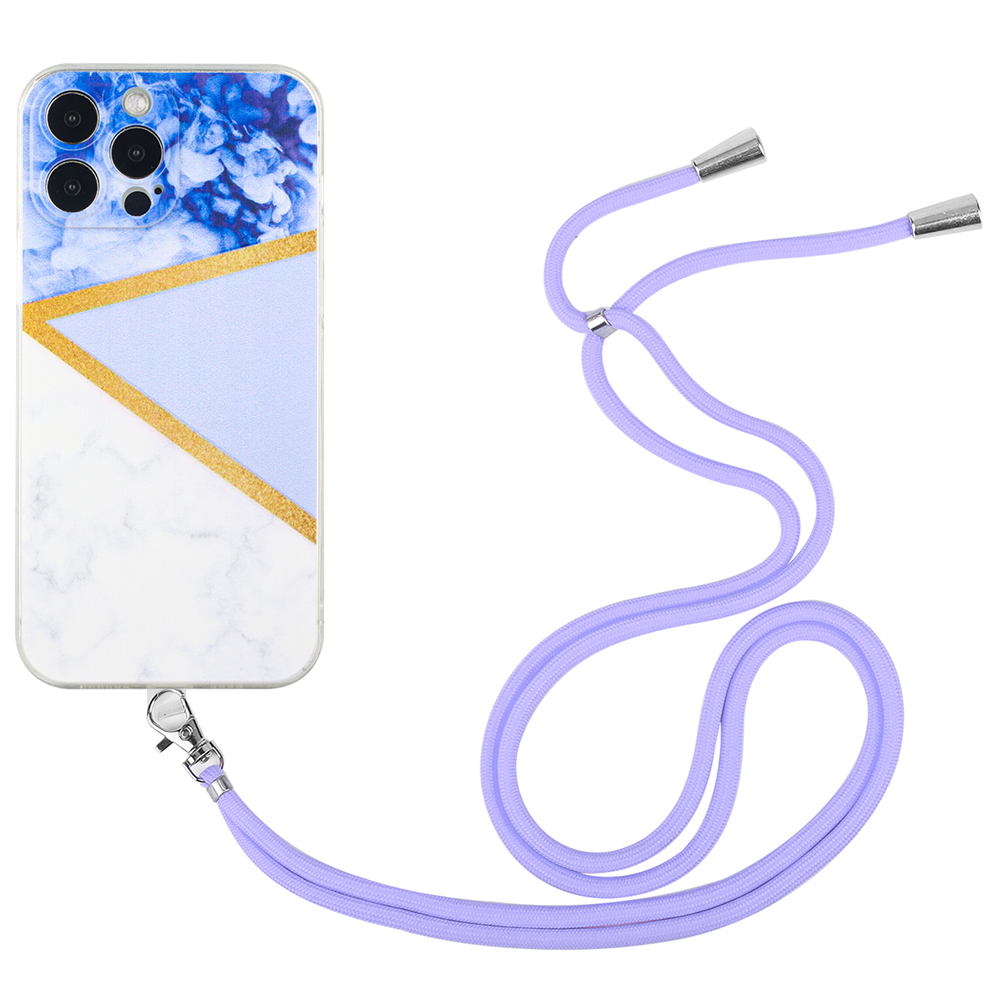 

For iPhone 13 Pro Max 6.7 inch Straight Edge TPU Phone Case Marble Pattern Printing Protective Precise Cutouts Cover with Lanyard - Purple, iPhone 13 Pro Max
