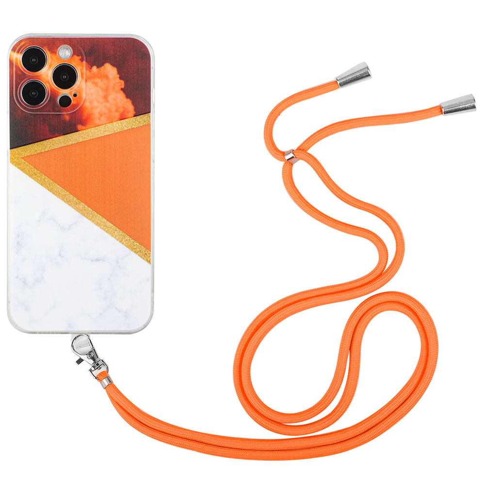 

Для Iphone 13 Pro Max 6,7 Дюйма Прямой Края TPU Текский Корпус Мрамор Печать Печать Protective Creatsuots Cover с Помощью Lanyard - Апельсин, iPhone 13 Pro Max
