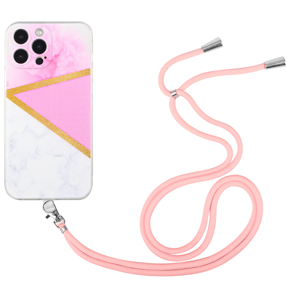 

For iPhone 12 Pro Max 6.7 inch Soft Touch TPU Case Marble Pattern Printing Straight Edge Phone Cover with Camera Protection and Lanyard - Pink, iPhone 12 Pro Max