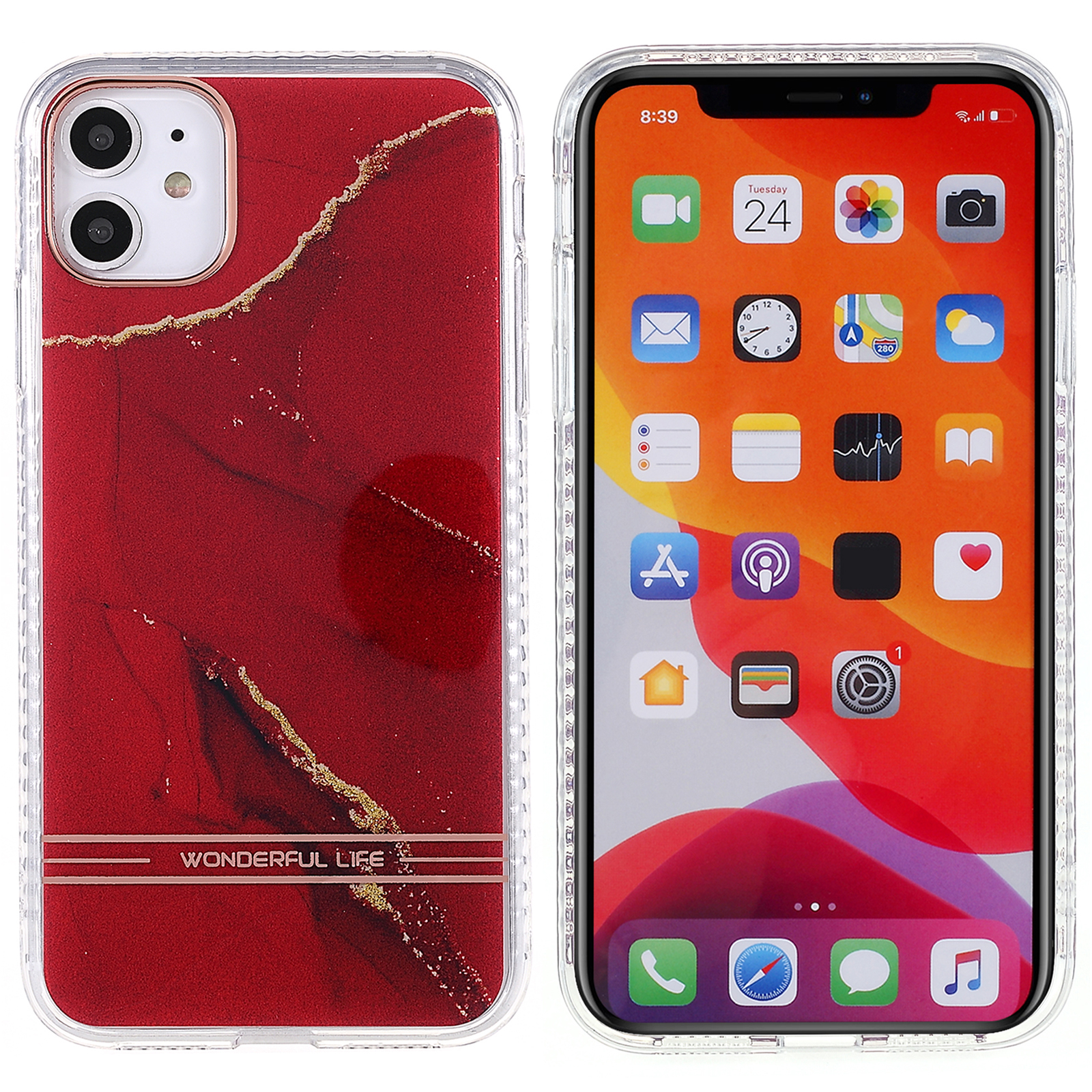 

Для IPhone 12 6.1 Дюймов / 12 Про 6,1 Дюйма Лакированного IMD Мраморной Узор TPU + Акриловый Чехол Для Телефона - Красный, iPhone 12