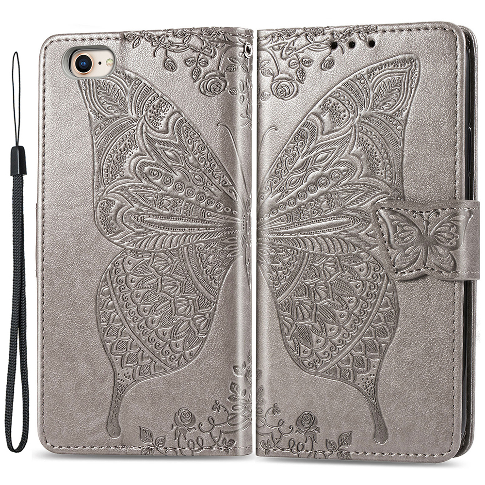 

For iPhone 7 4.7 inch/8 4.7 inch/SE (2020)/SE (2022) Imprinting Butterfly Flower PU Leather Stand Cover Wallet Phone Case - Grey, iPhone 7 4.7 inch