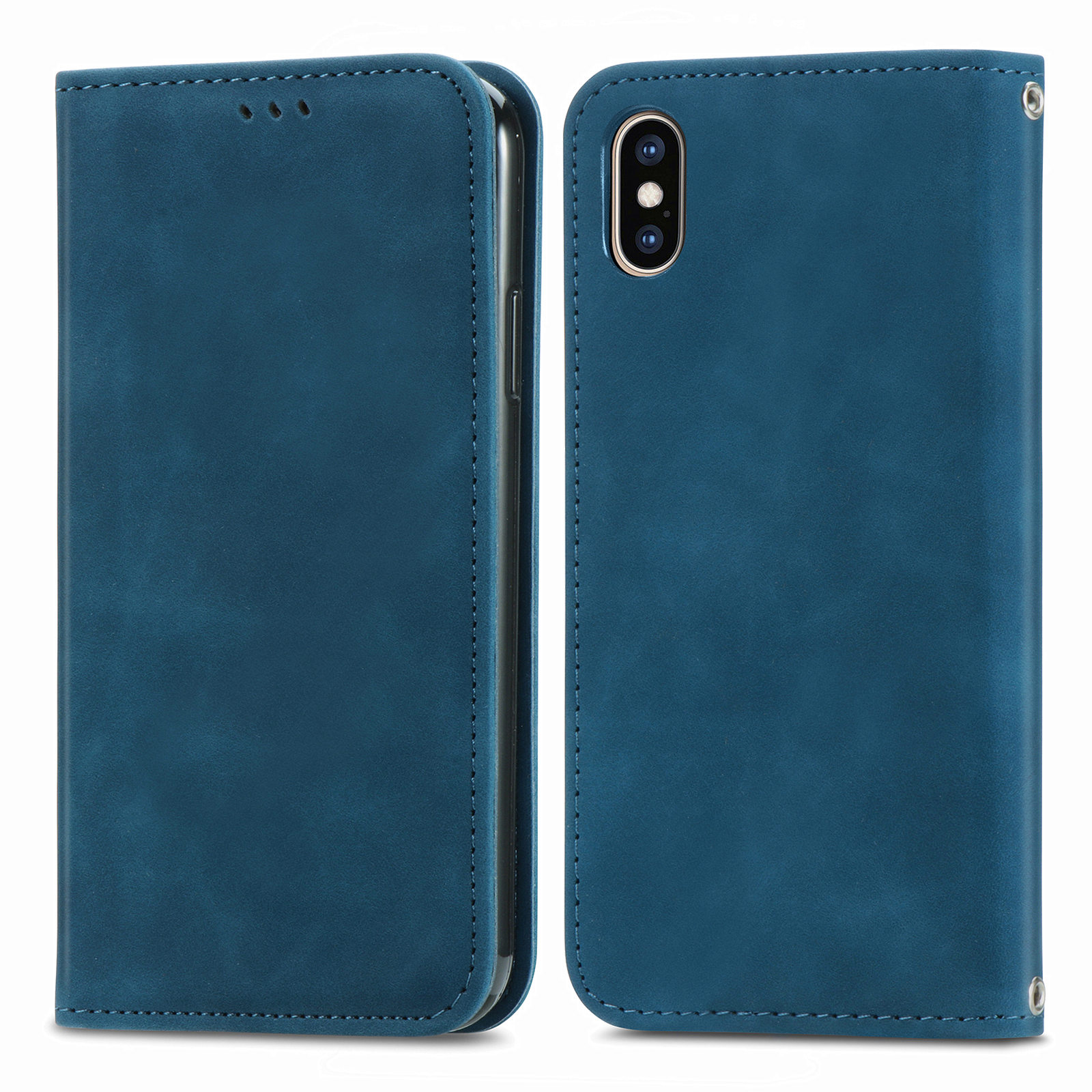 

For iPhone X/XS 5.8 inch Adjustable Stand Retro Skin-touch Feeling Card Slots Case Auto-absorbed Magnetic PU Leather Cover - Blue, iPhone X