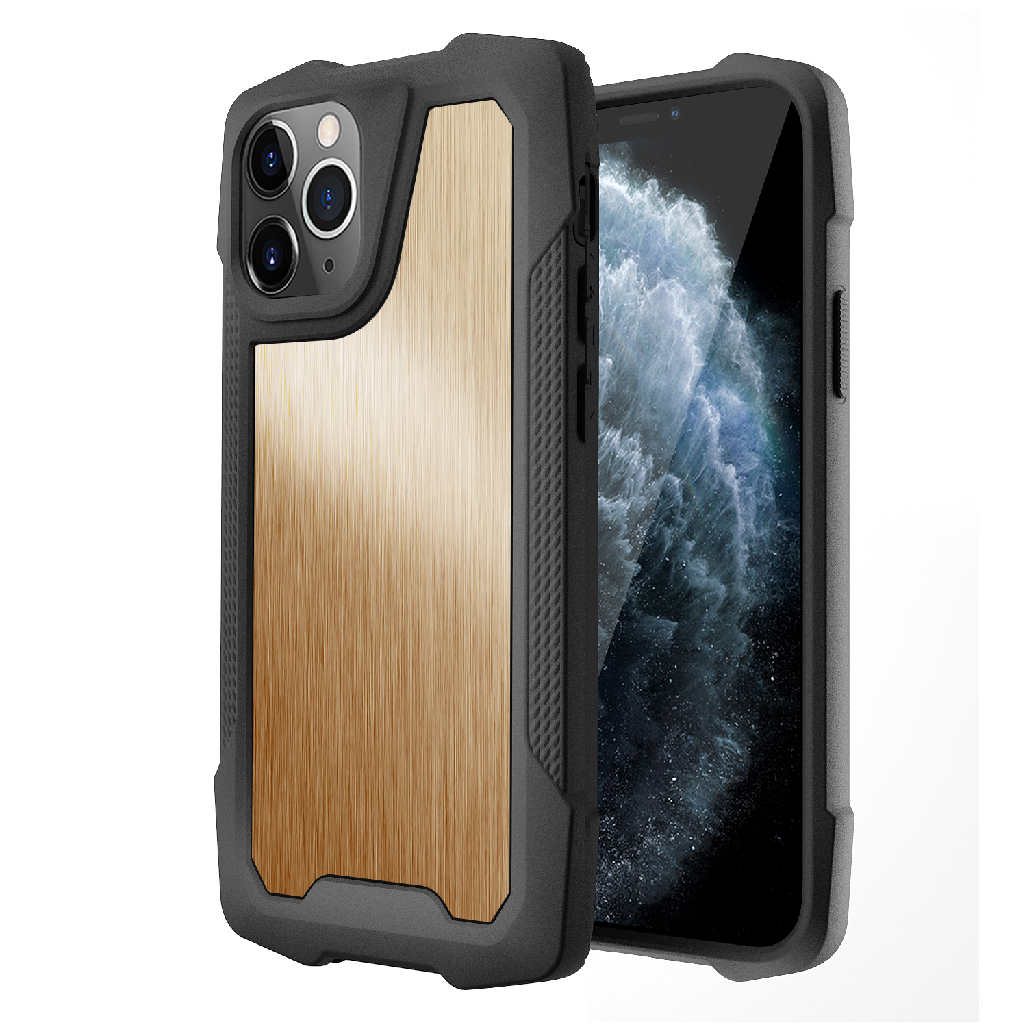 

For iPhone 11 Pro 5.8 inch Non-slip Stainless Steel Back + PC + TPU Shockproof Cell Phone Case Shell - Brushed/Gold, iPhone 11 Pro 5.8 inch