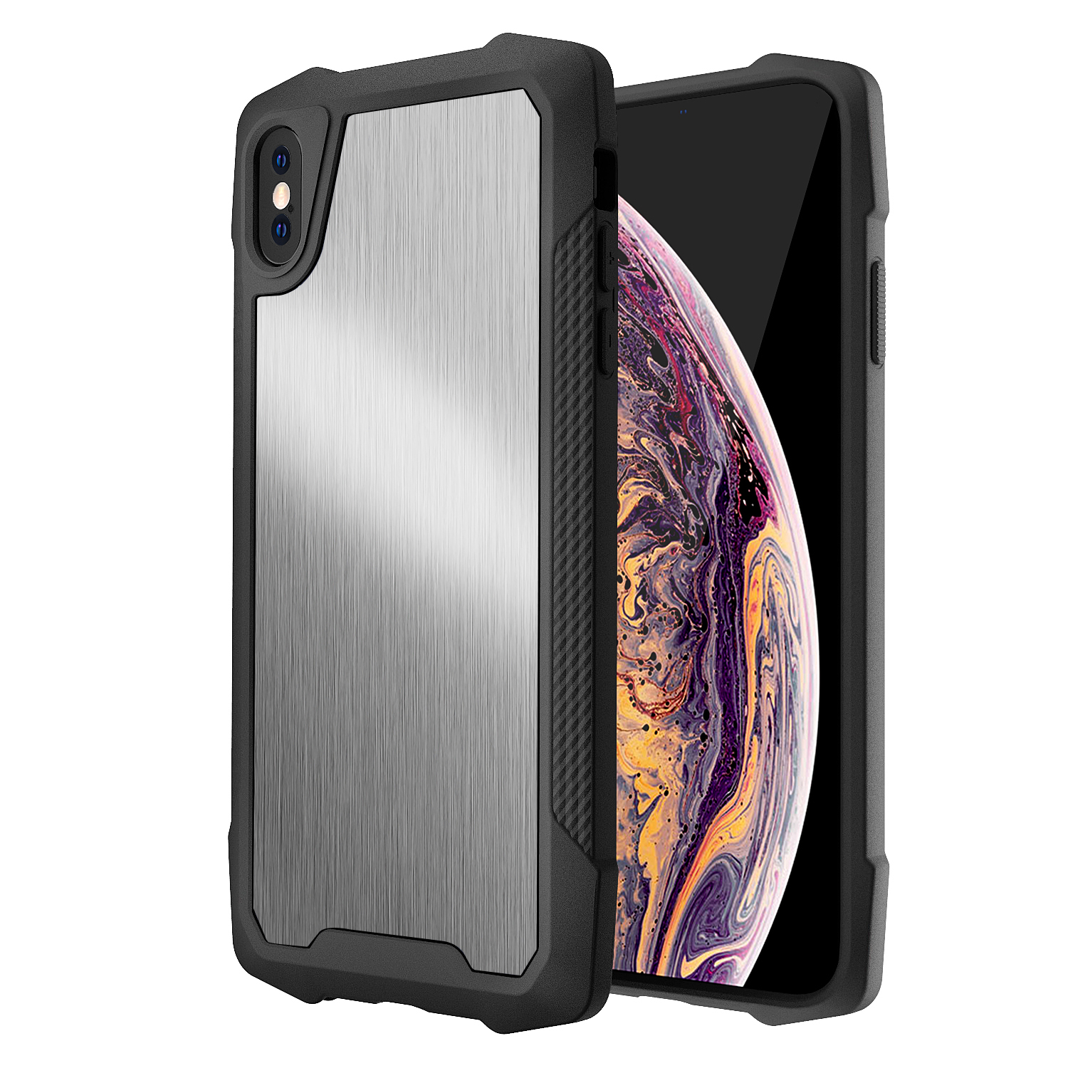 

For iPhone X/XS 5.8 inch Stainless Steel Back + PC + TPU Drop Protection Anti-scratch Phone Case Cover - Brushed/Silver, iPhone X