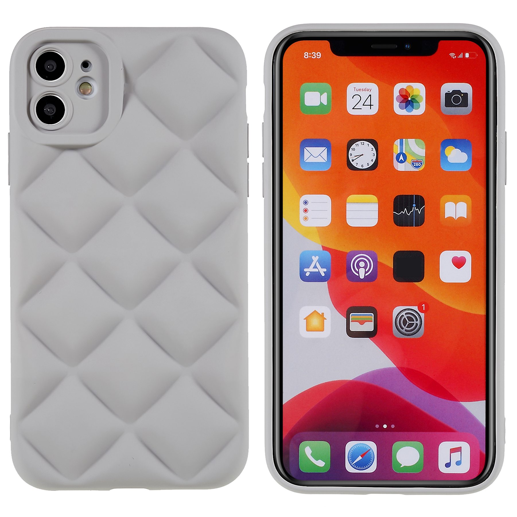 

For iPhone 11 6.1 inch Precise Cutout 3D Grid Textured Phone Case Solid Color Anti-fall Silicone Rubberized Shell - Grey, iPhone 11 6.1 inch