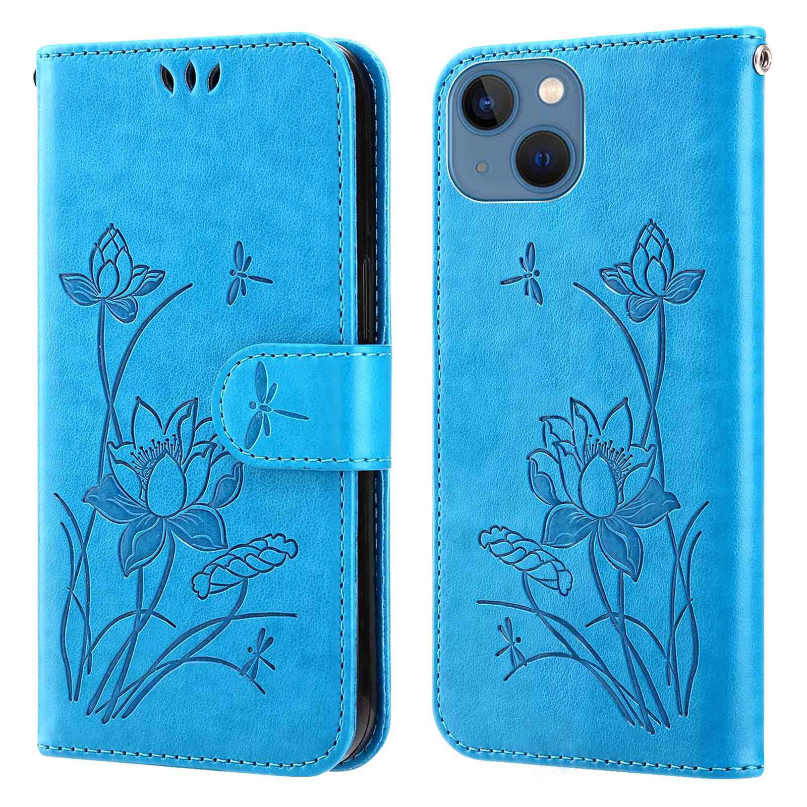 

For iPhone 13 6.1 inch PU Leather Phone Shell Imprinted Lotus Pattern Multifunction Wallet Phone Case Cover - Blue, iPhone 13