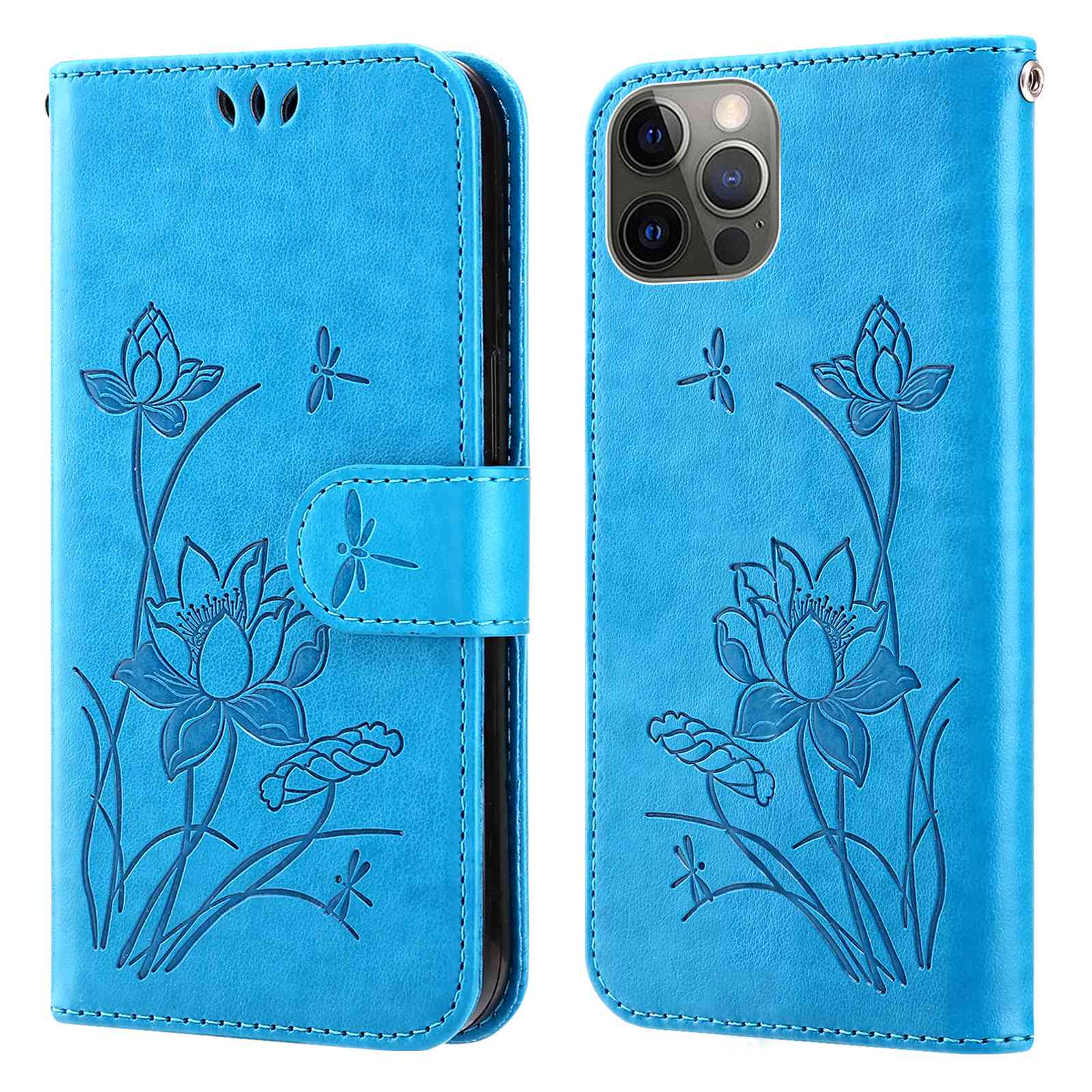 

For iPhone 13 Pro 6.1 inch Wallet Phone Cover TPU+PU Leather Imprinted Lotus Pattern Phone Case Phone Stand Shell - Blue, iPhone 13 Pro