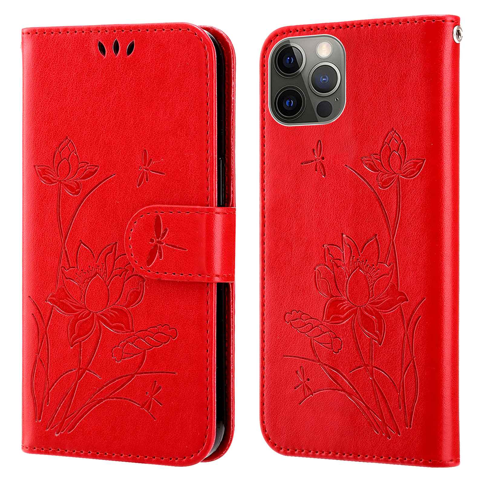

For iPhone 13 Pro 6.1 inch Wallet Phone Cover TPU+PU Leather Imprinted Lotus Pattern Phone Case Phone Stand Shell - Red, iPhone 13 Pro