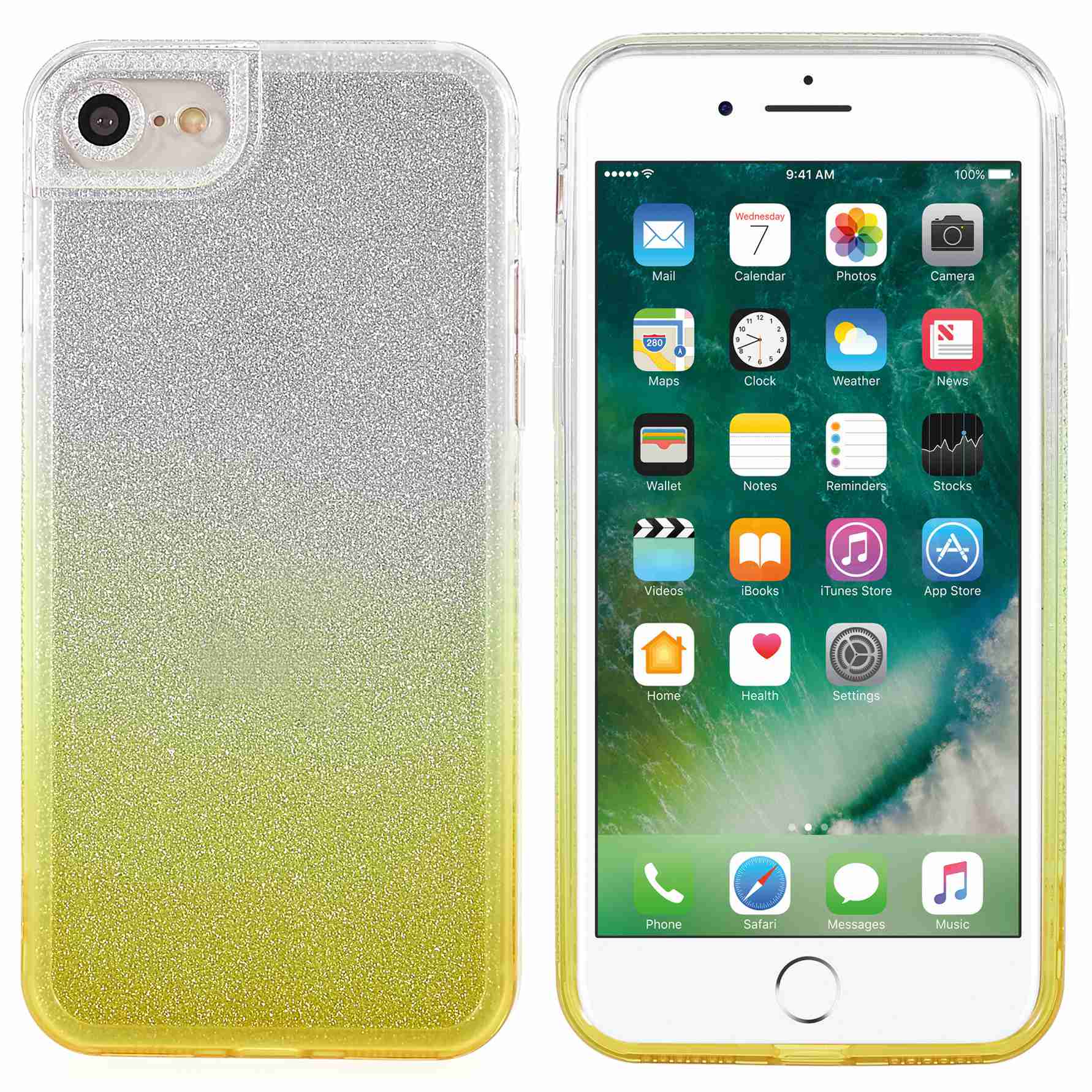 

For iPhone SE (2022)/SE (2020)/8/7 4.7 inch Phantom Series Gradient Phone Case TPU Back Cover with Separable Glittering Plate - Yellow, iPhone SE (2022)