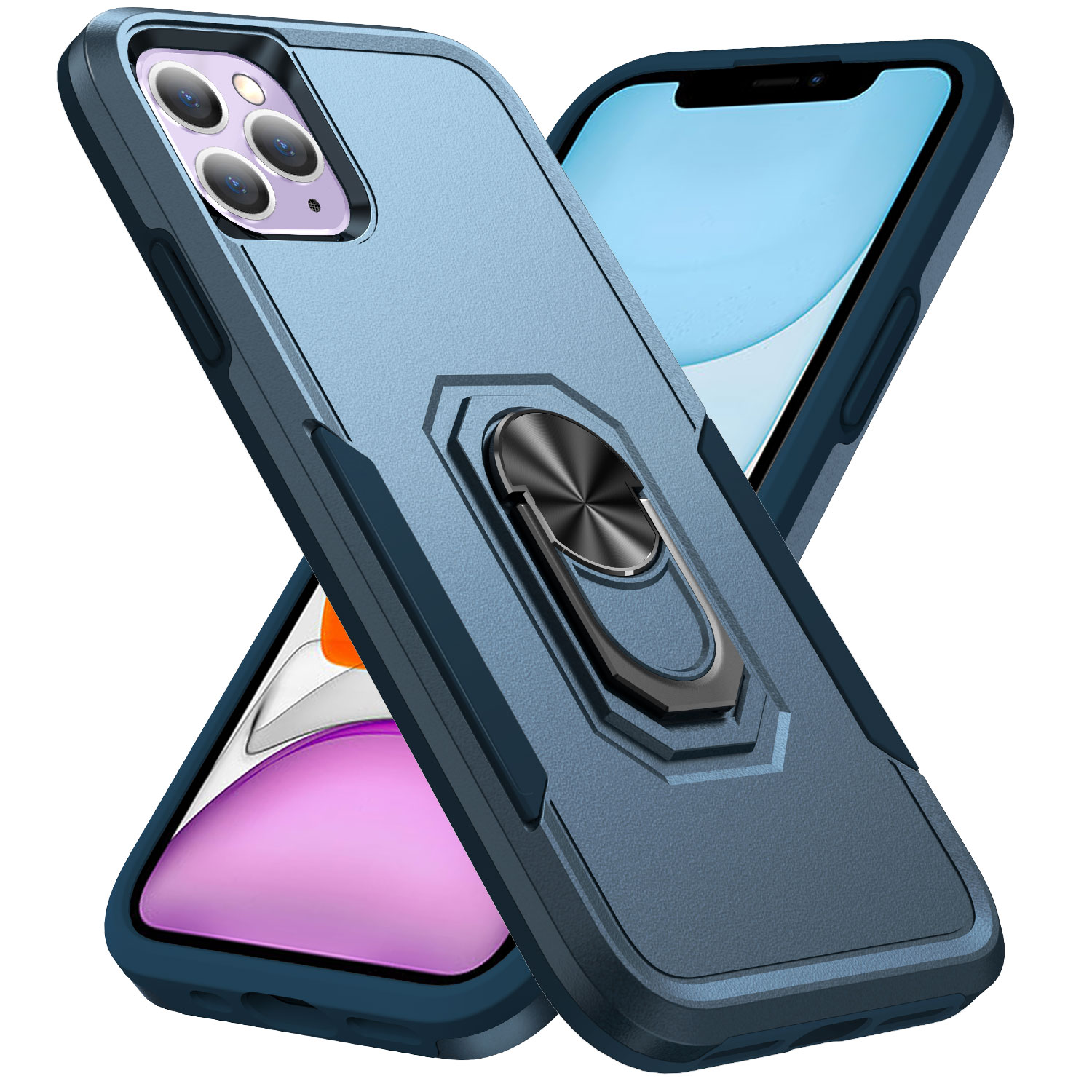 

For iPhone 11 Pro 5.8 inch Defender Series Ring Kickstand Hard PC + Soft TPU Phone Cover Case - Blue/Blue, iPhone 11 Pro 5.8 inch