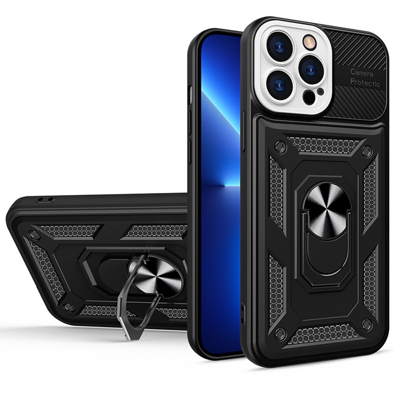 

For iPhone 12 Pro 6.1 inch Camera Protection Design TPU + PC Hybrid Case Metal Ring Kickstand Phone Protective Cover - Black/White, iPhone 12 Pro
