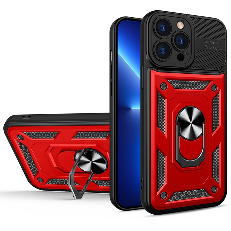 

For iPhone 12 Pro 6.1 inch Camera Protection Design TPU + PC Hybrid Case Metal Ring Kickstand Phone Protective Cover - Red/Black, iPhone 12 Pro
