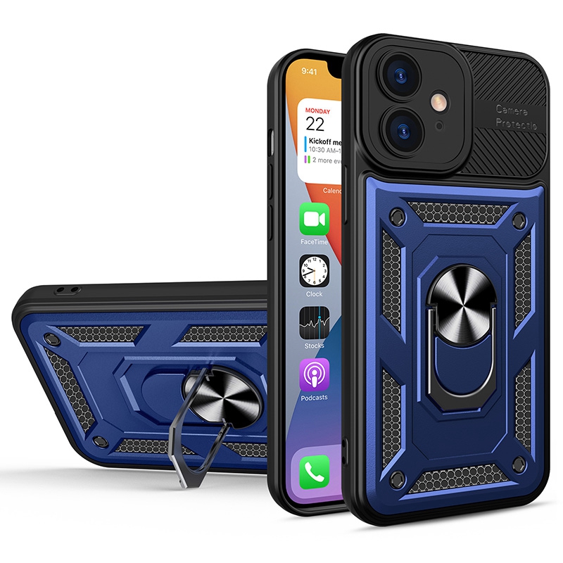 

Для Iphone 12 6,1 Дюйма TPU + пк Защитное Корпус Металлический Кольцо с Кик-стрижкой Против Капельницы с Дизайном Защиты Камеры - Сапфировый Синий/черный, iPhone 12