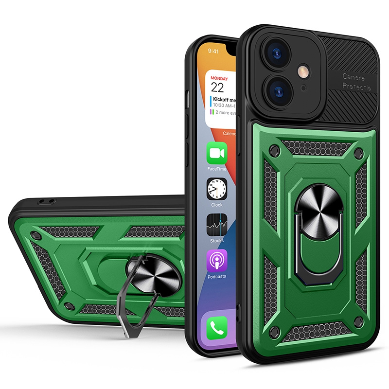 

For iPhone 12 6.1 inch TPU + PC Phone Protective Case Metal Ring Kickstand Anti-drop Cover with Camera Protection Design - Blackish Green/Black, iPhone 12