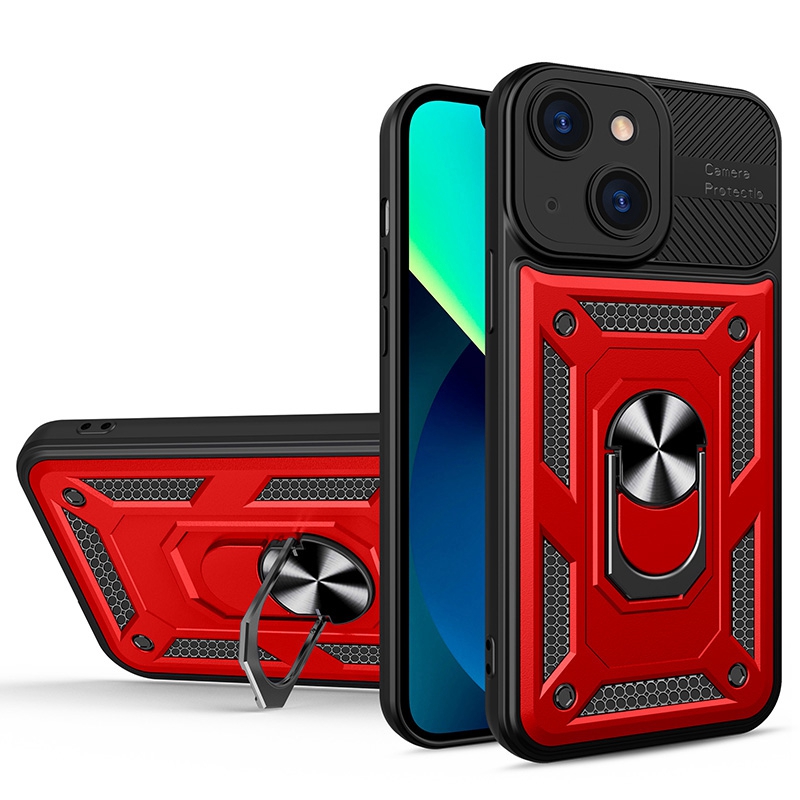 

For iPhone 13 6.1 inch Metal Ring Holder Kickstand Design Phone Case Soft TPU + Hard PC Drop-proof Protective Cover - Red/Black, iPhone 13