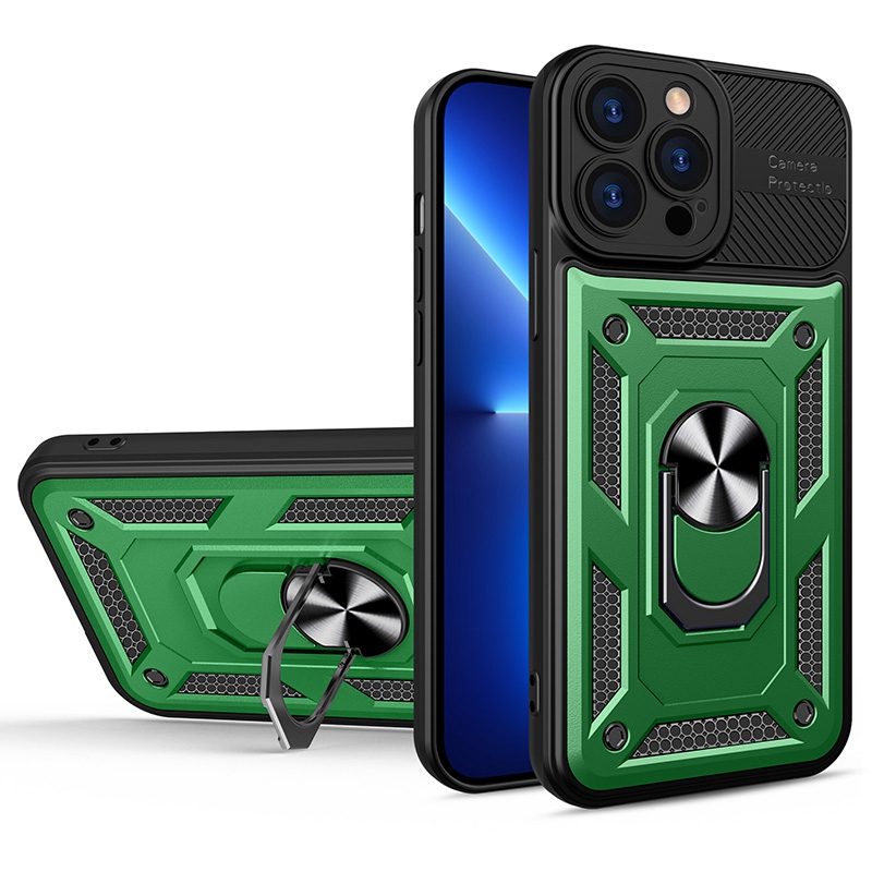 

For iPhone 13 Pro 6.1 inch Mobile Phone Protective Case Soft TPU + Hard PC Drop-proof Cover with Metal Ring Kickstand - Blackish Green/Black, iPhone 13 Pro