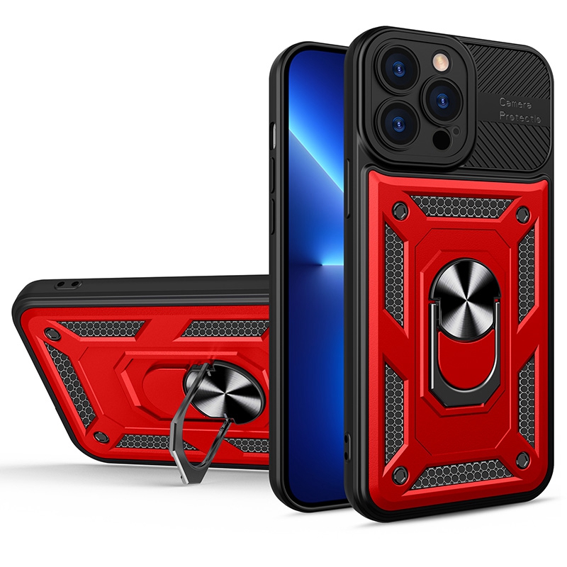 

For iPhone 13 Pro Max 6.7 inch Camera Protection Design Phone Case TPU + PC Drop-proof Cover with Metal Ring Kickstand - Red/Black, iPhone 13 Pro Max