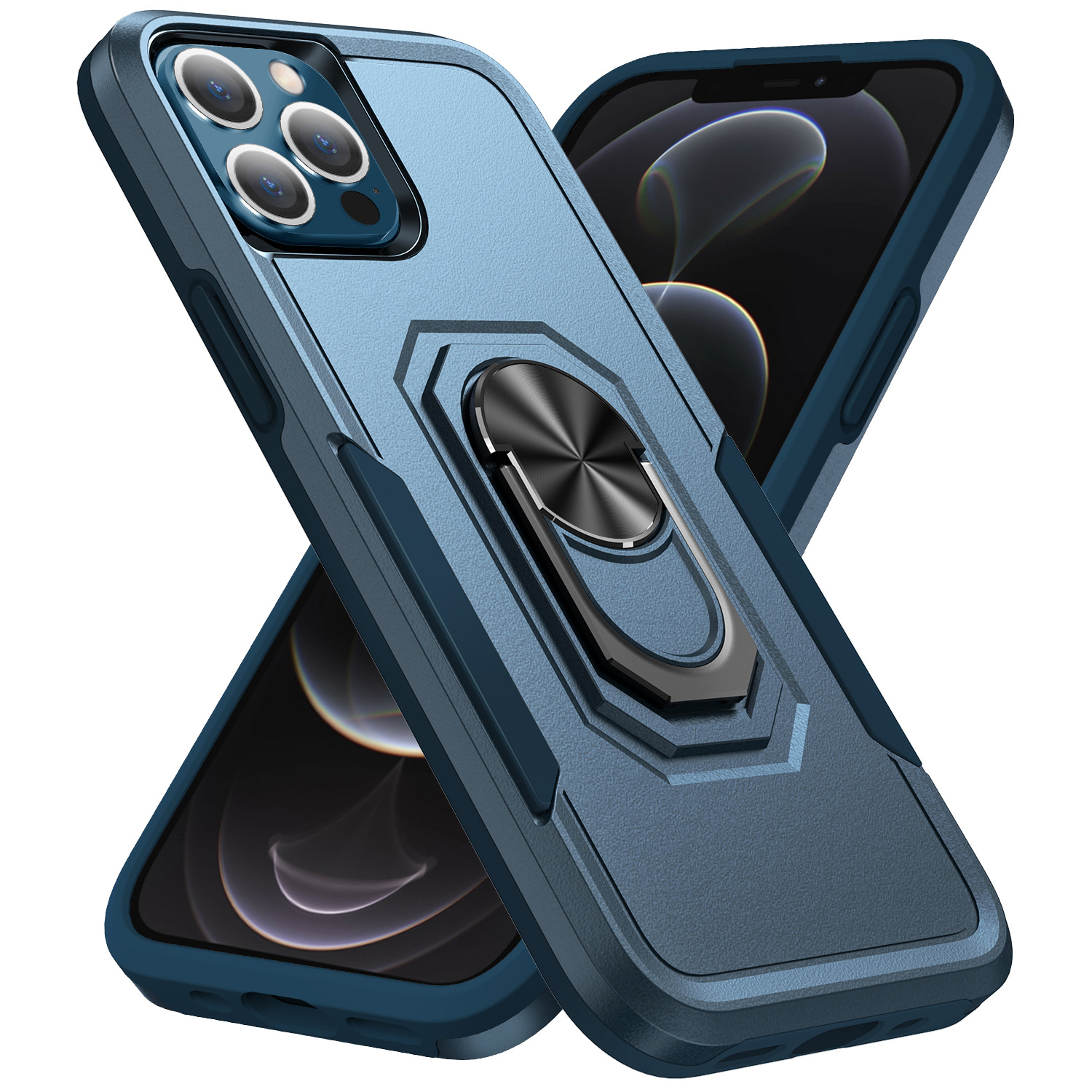 

Defender Series PC + TPU Cellphone Case for iPhone 12 Pro/12 6.1 inch, Phone Cover with Ring Kickstand - Blue/Blue, iPhone 12 Pro