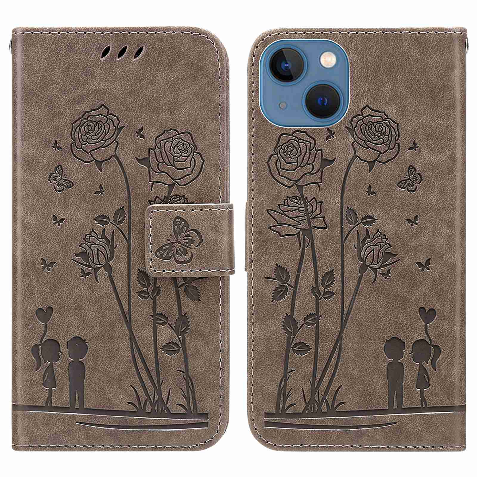

For iPhone 13 6.1 inch Imprinted Couple and Flowers Pattern Leather Phone Case Wallet Style Magnetic Closure Stand Flip Cover - Grey, iPhone 13