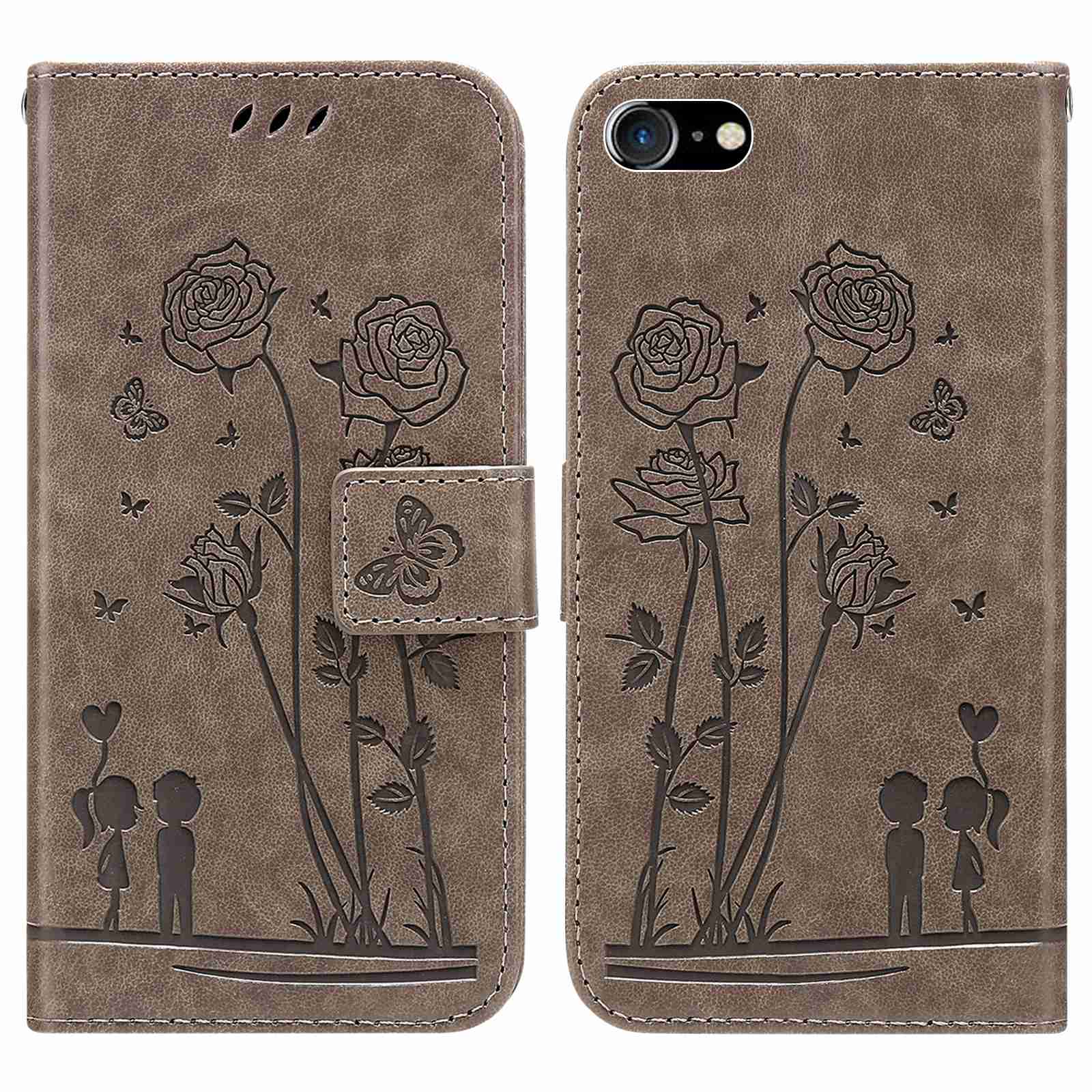 

For iPhone 7/8 4.7 inch/SE (2020)/SE (2022) Fashion Couple and Flowers Pattern Imprinted Bookstyle Wallet Case Folding Stand PU Leather Folio Phone Protector - Grey, iPhone 7 4.7 inch