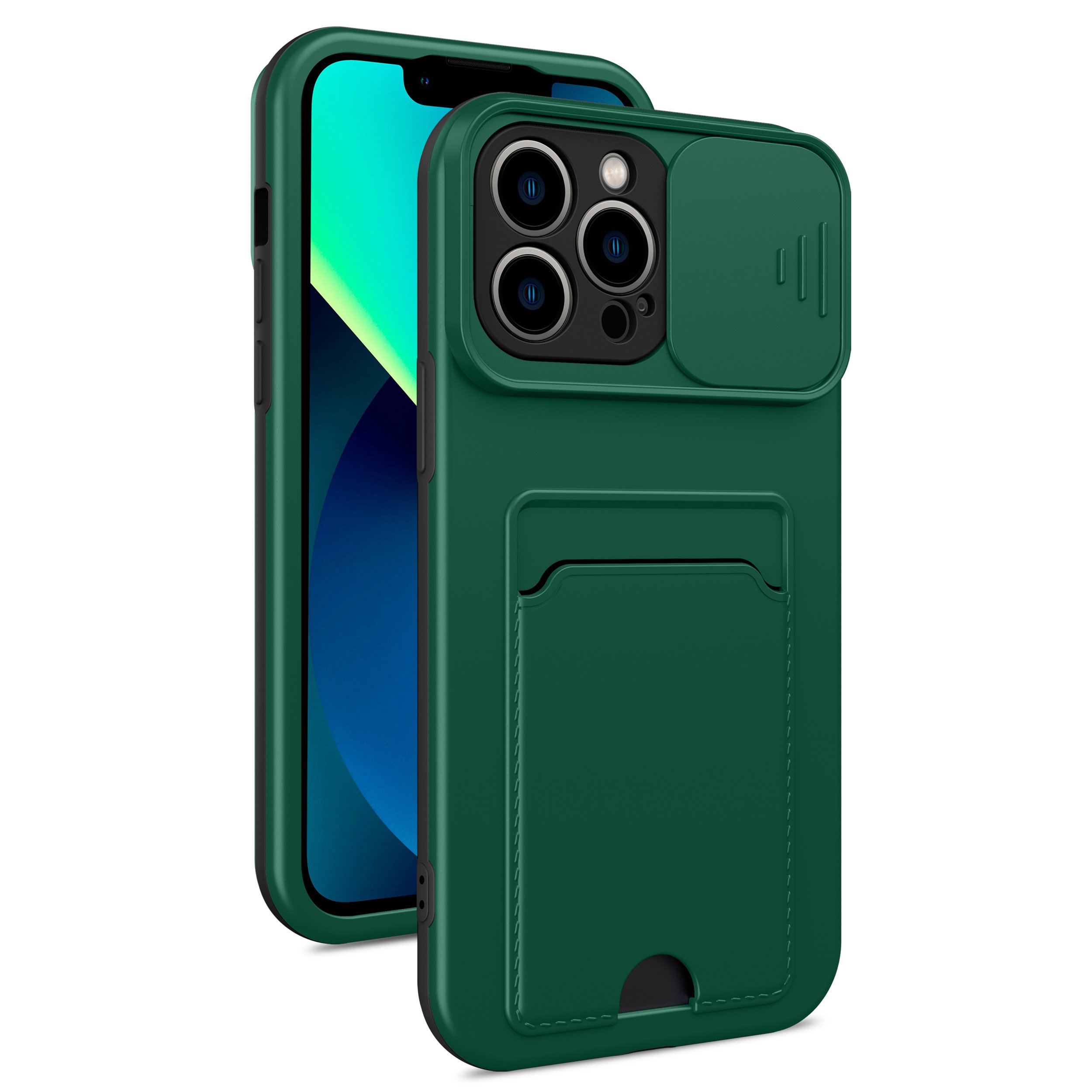 

For iPhone 13 Pro Max 6.7 inch PC+TPU Anti-fall Slide Camera Cover Design Well-protected Phone Case with Card Clot - Black/Dark Green, iPhone 13 Pro Max