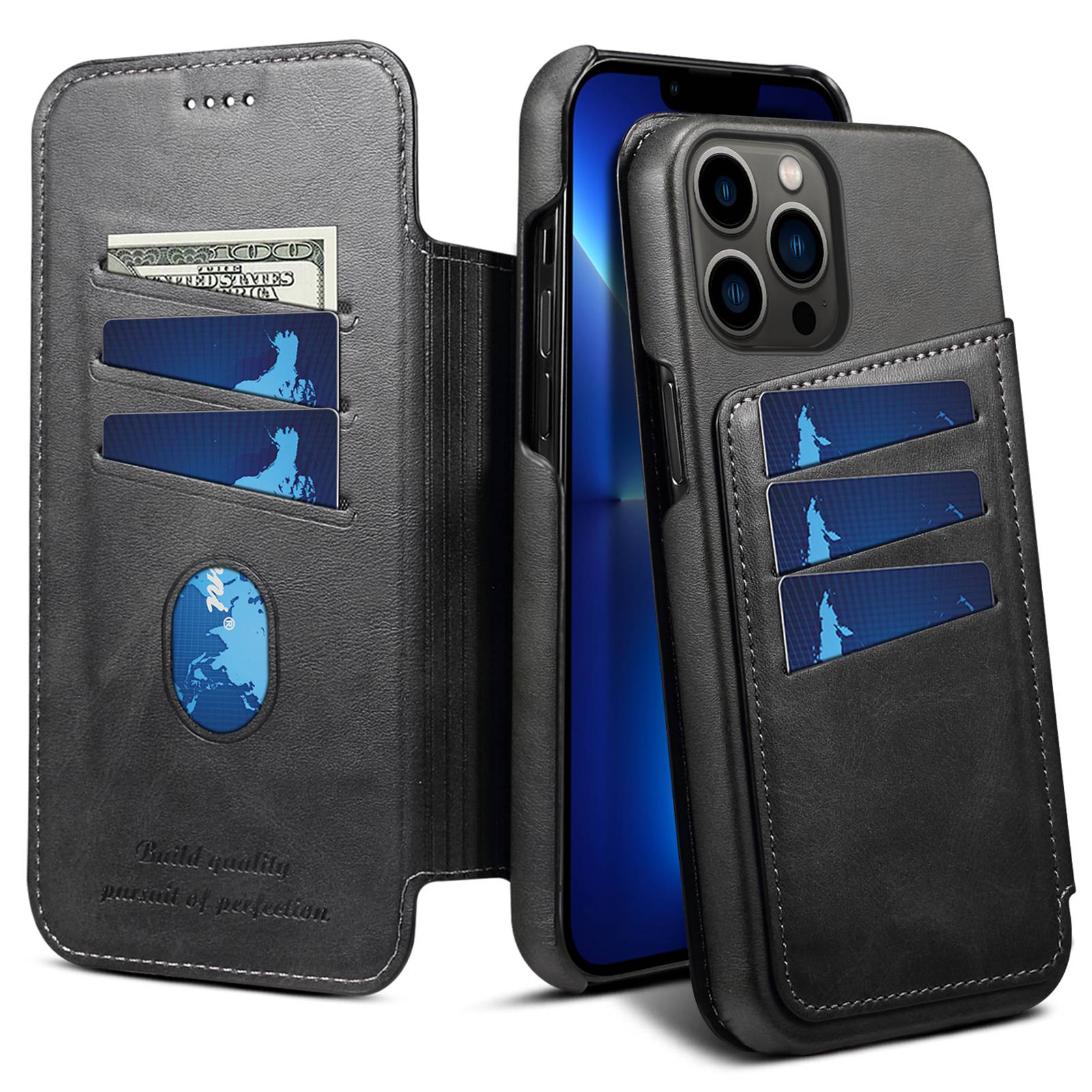 

Q2 Series Leather Case for iPhone 13 Pro Max 6.7 inch Folio Flip Anti-scratch Anti-fall Multiple Card Slots Design Phone Shell - Black, iPhone 13 Pro Max