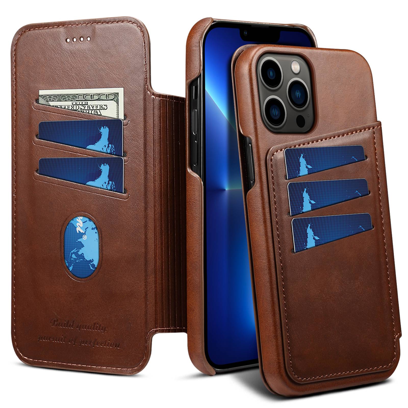 

Кожаный Корпус Серии Q2 Для Iphone 13 Pro Max 6,7 Дюйма Folio Flip Flip Anty-scratch Anti-fall Multive Card Design Design Phone Shell - Коричневый, iPhone 13 Pro Max