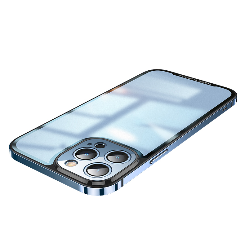 

For iPhone 13 Pro Max 6.7 inch Stainless Steel Frame Tempered Glass Combo Hybrid Case Anti-Fingerprint Translucent Frost Back Phone Cover - Blue, iPhone 13 Pro Max