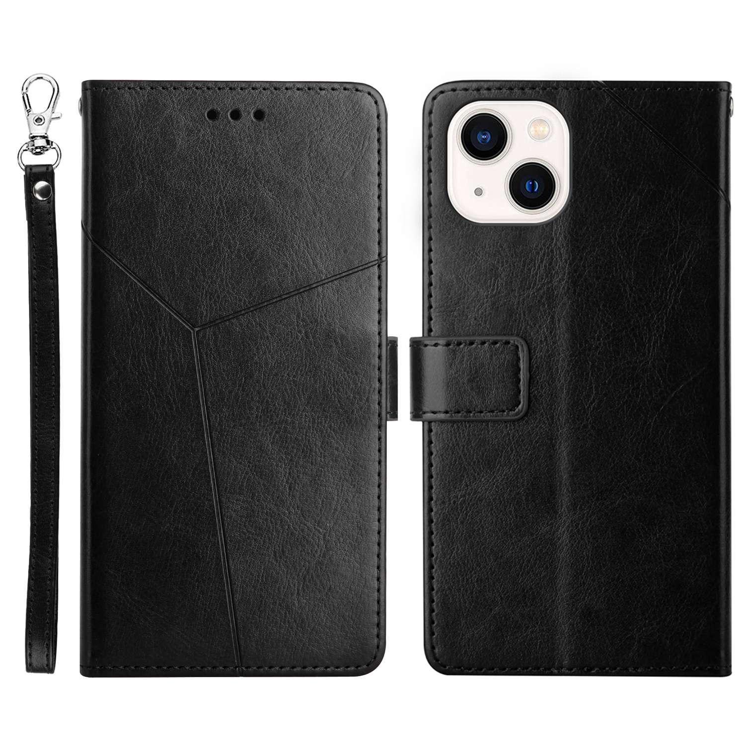 

For iPhone 14 6.1 inch Full Coverage Cell Phone Cover PU Leather Y-Shaped Lines Imprinting Wallet Stand Phone Case - Black, iPhone 14