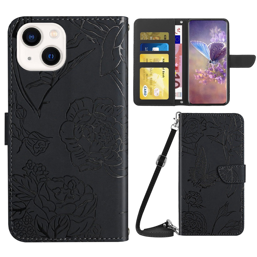 

Imprinting Butterfly Flowers Case for iPhone 14 6.1 inch, Adjustable Stand PU Leather Wallet Phone Shell with Shoulder Strap - Black, iPhone 14