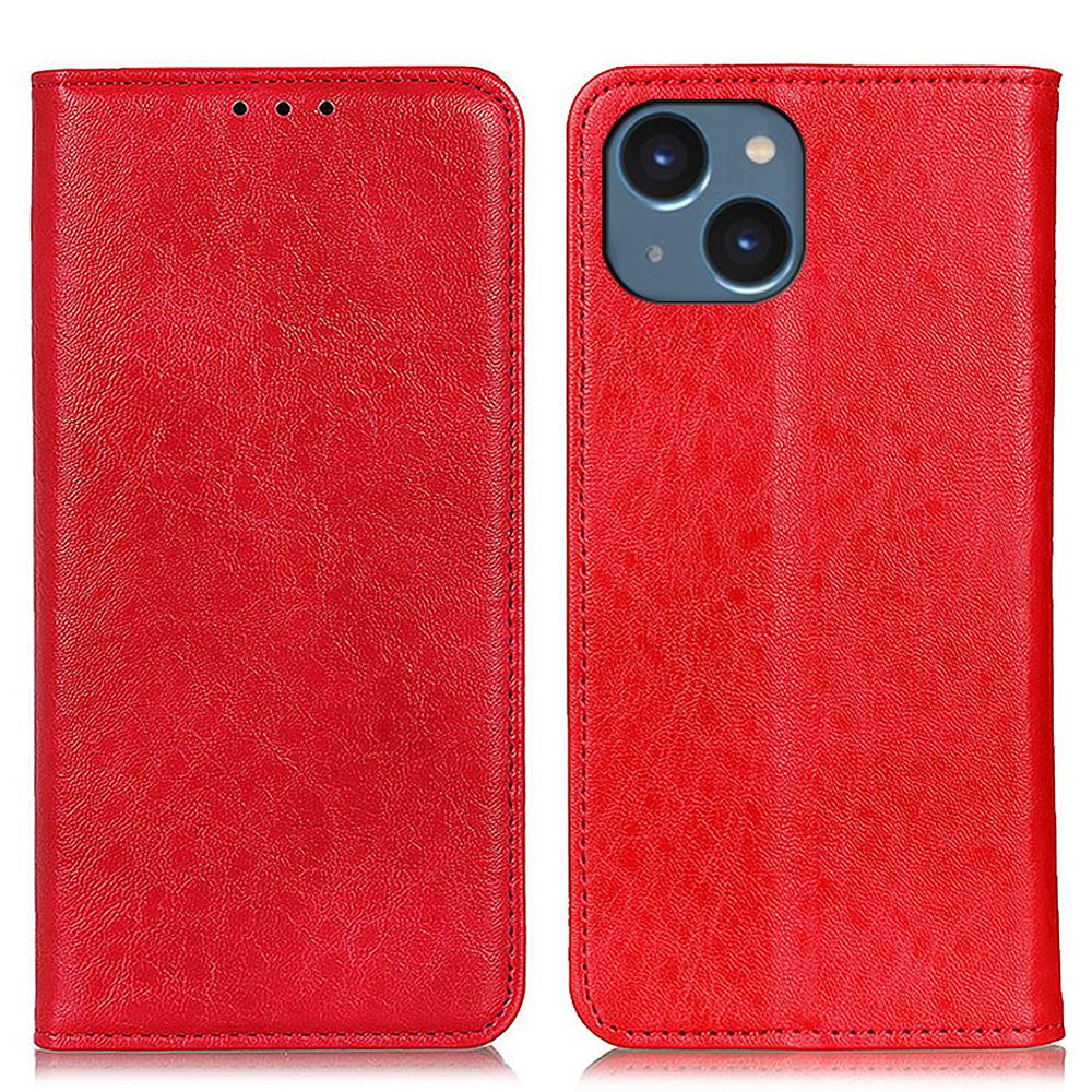 

For iPhone 14 6.1 inch Phone Case Crazy Horse Texture Anti-drop Leather Protector Auto Closure Magnetic Stand Wallet Cover - Red, iPhone 14