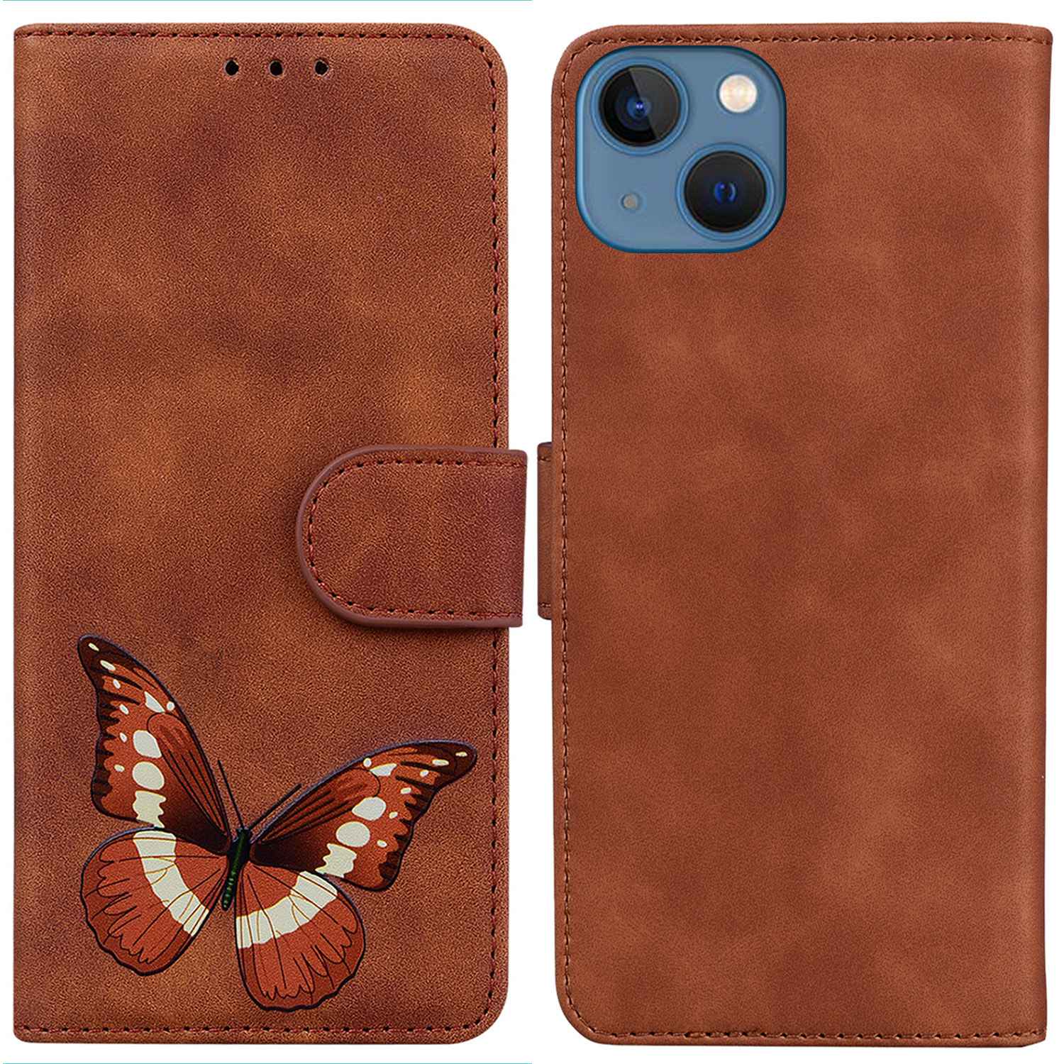

For iPhone 14 6.1 inch Butterfly Pattern Printing Magnetic Book Wallet Case Skin-touch Feeling PU Leather Stand Flip Cover - Brown, iPhone 14